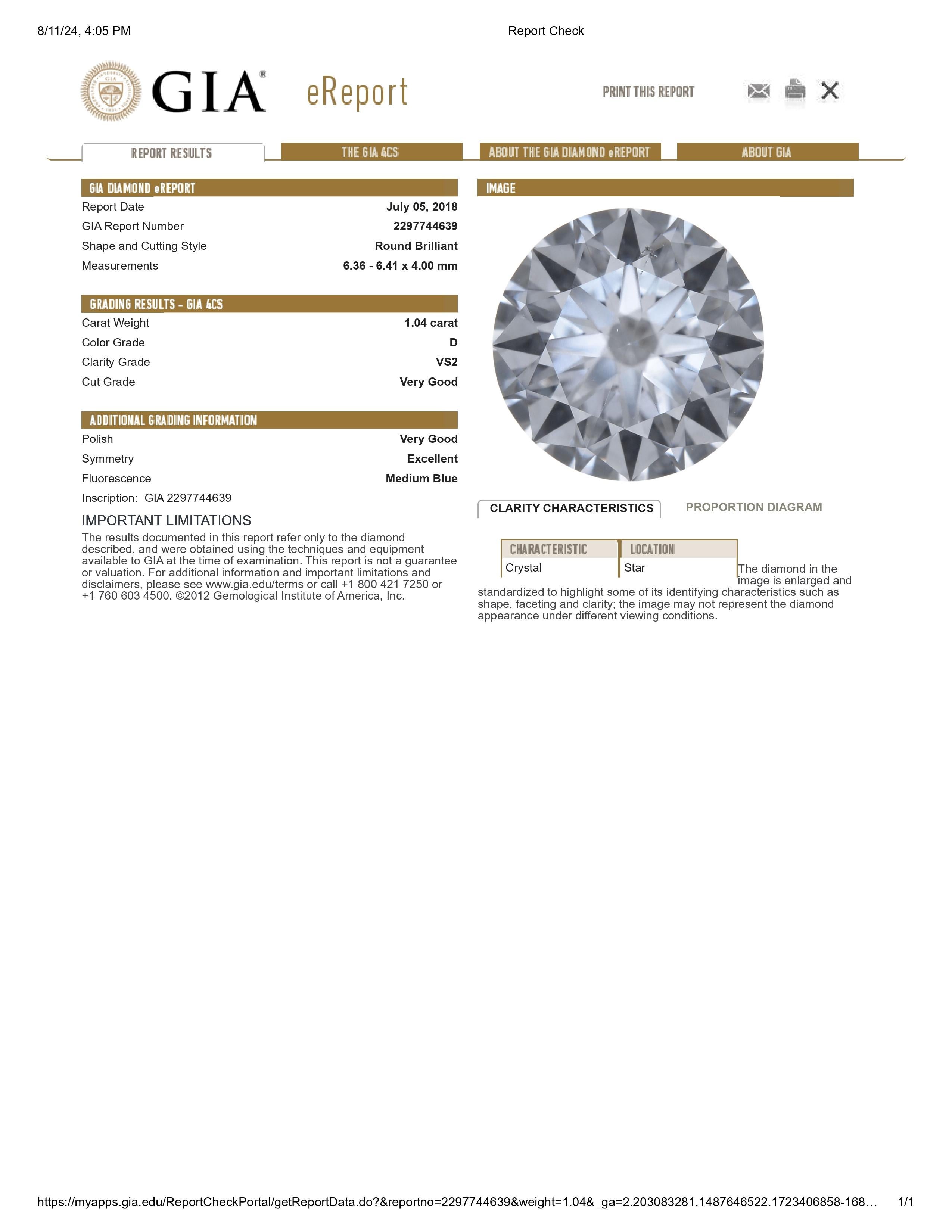 Diamante rotondo certificato GIA 1,04ct D VS2 In condizioni Nuovo in vendita a Los Angeles, CA