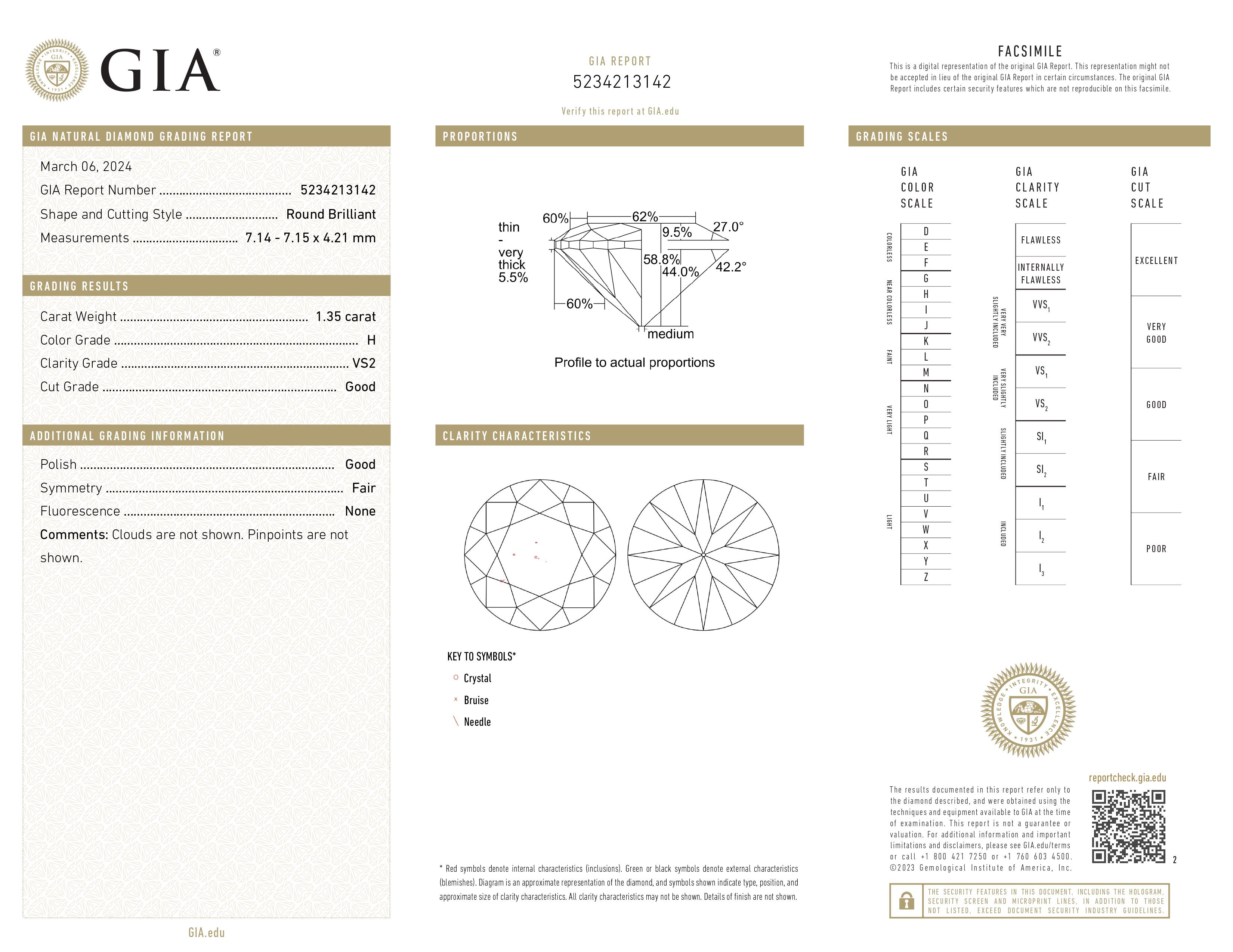 Diamante rotondo certificato GIA 1,35ct H. VS2 In condizioni Nuovo in vendita a Los Angeles, CA