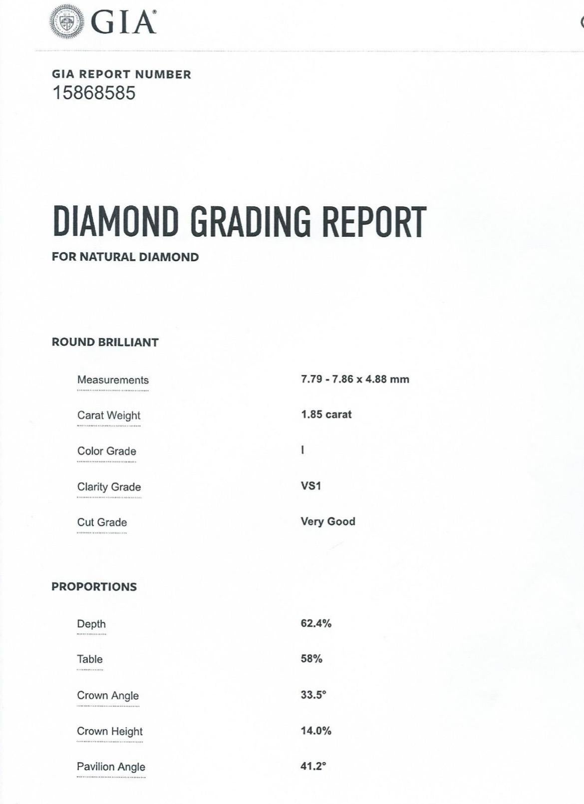 GIA Certified Round Diamond 1.85 Carat Prong Set in Platinum Diamond Mounting For Sale 1