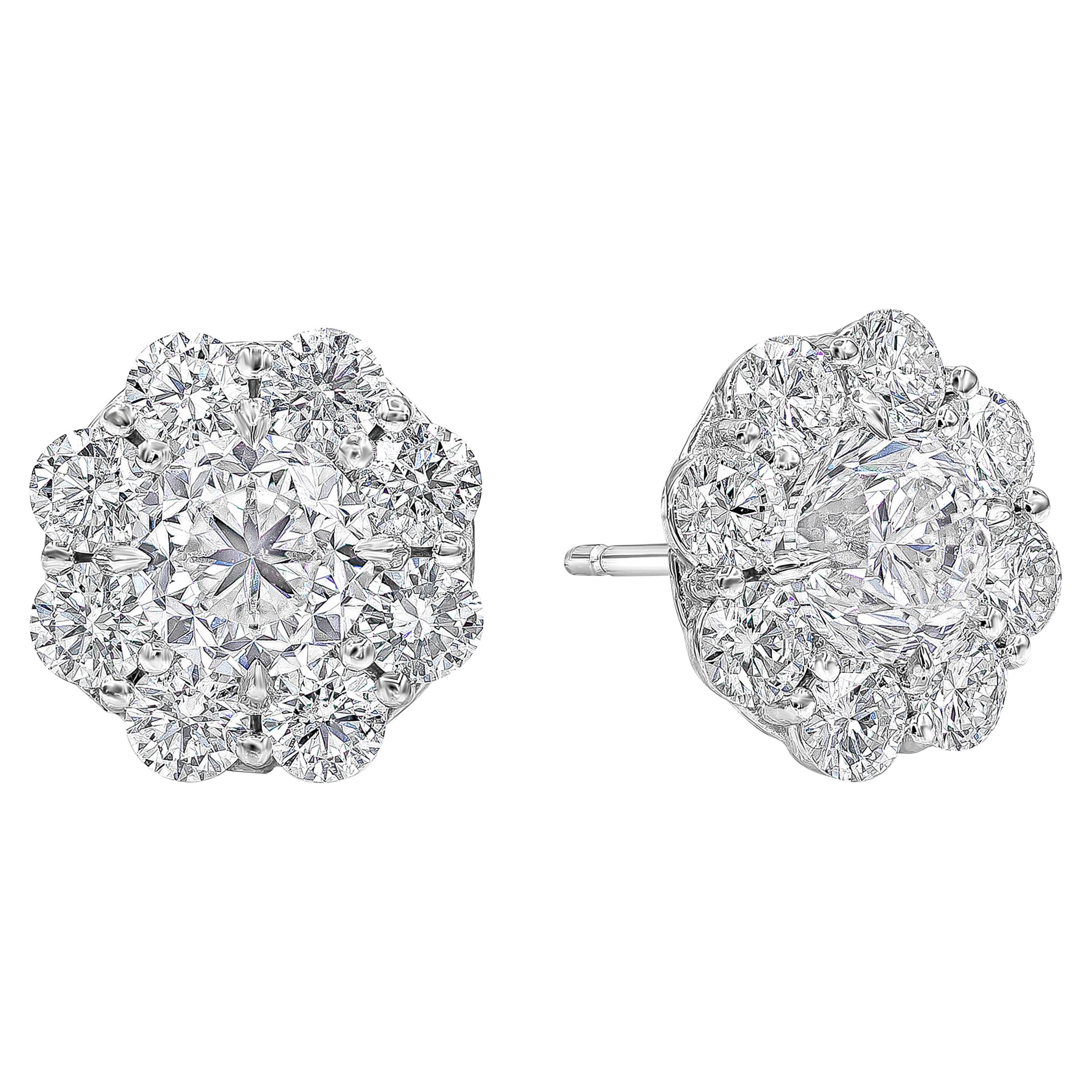 GIA Certified 2.00 Carats Total Round Brilliant Diamond Cluster Stud Earrings For Sale