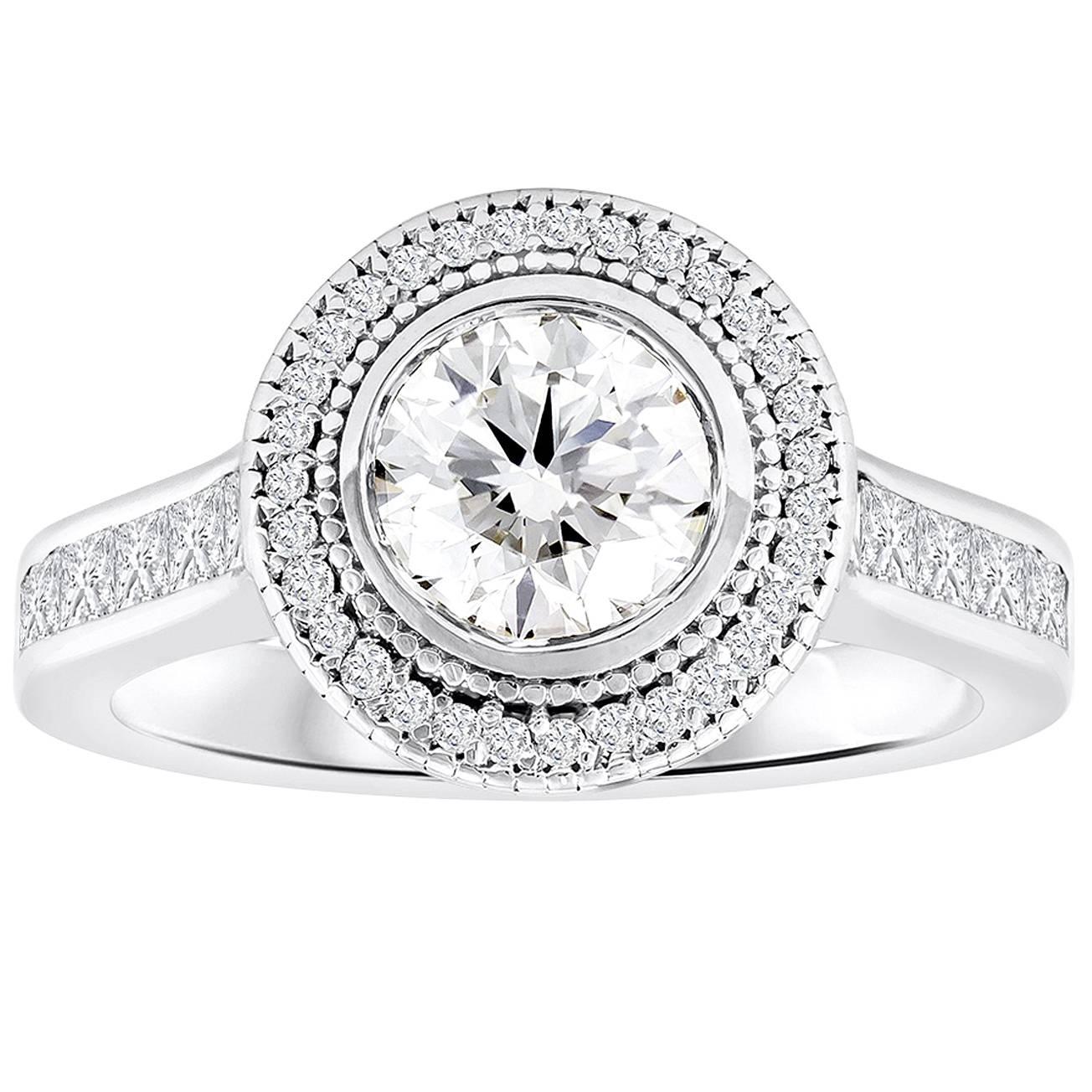 Bague de fiançailles de style ancien avec halo de diamants ronds de 1,00 carat certifiés GIA