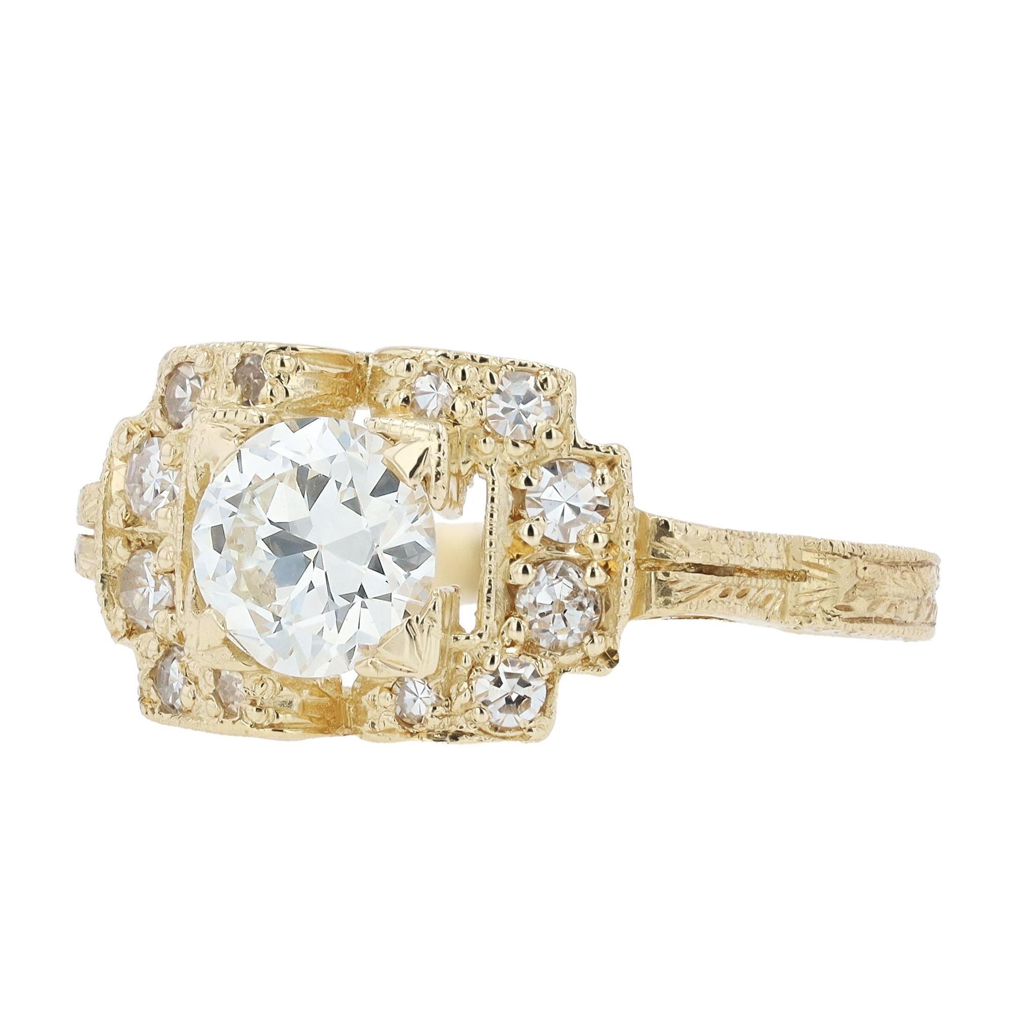 Art déco Bague de fiançailles déco en or jaune avec diamant rond certifié GIA en vente
