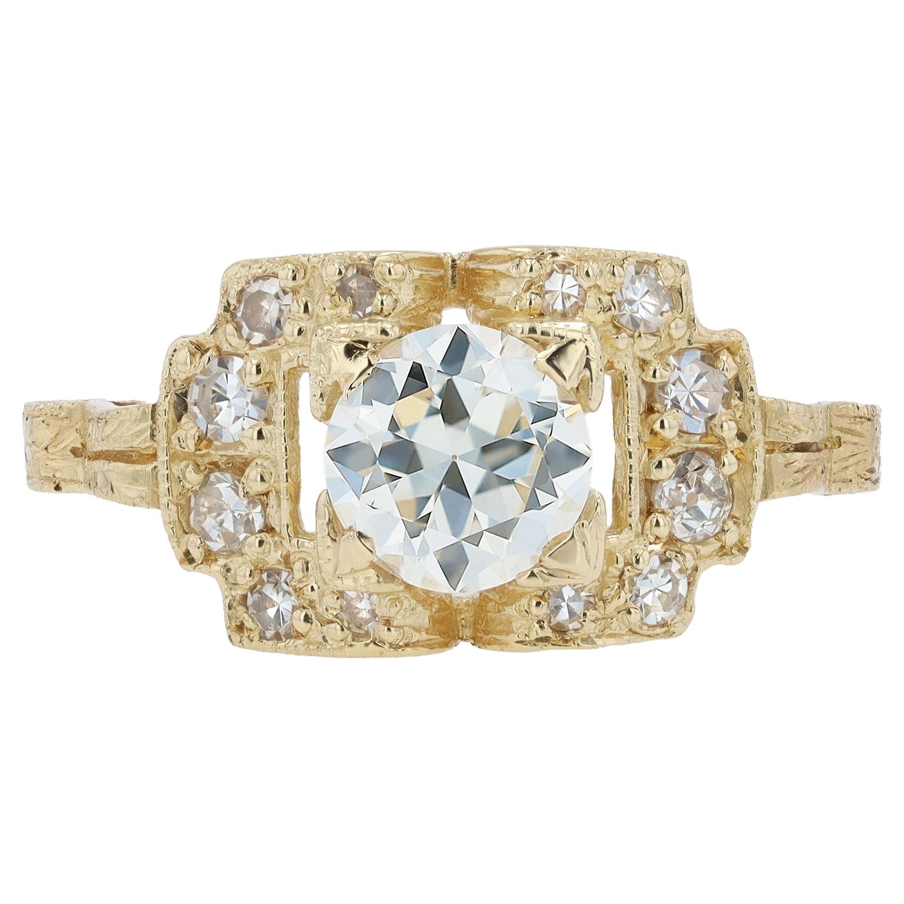 Bague de fiançailles déco en or jaune avec diamant rond certifié GIA en vente