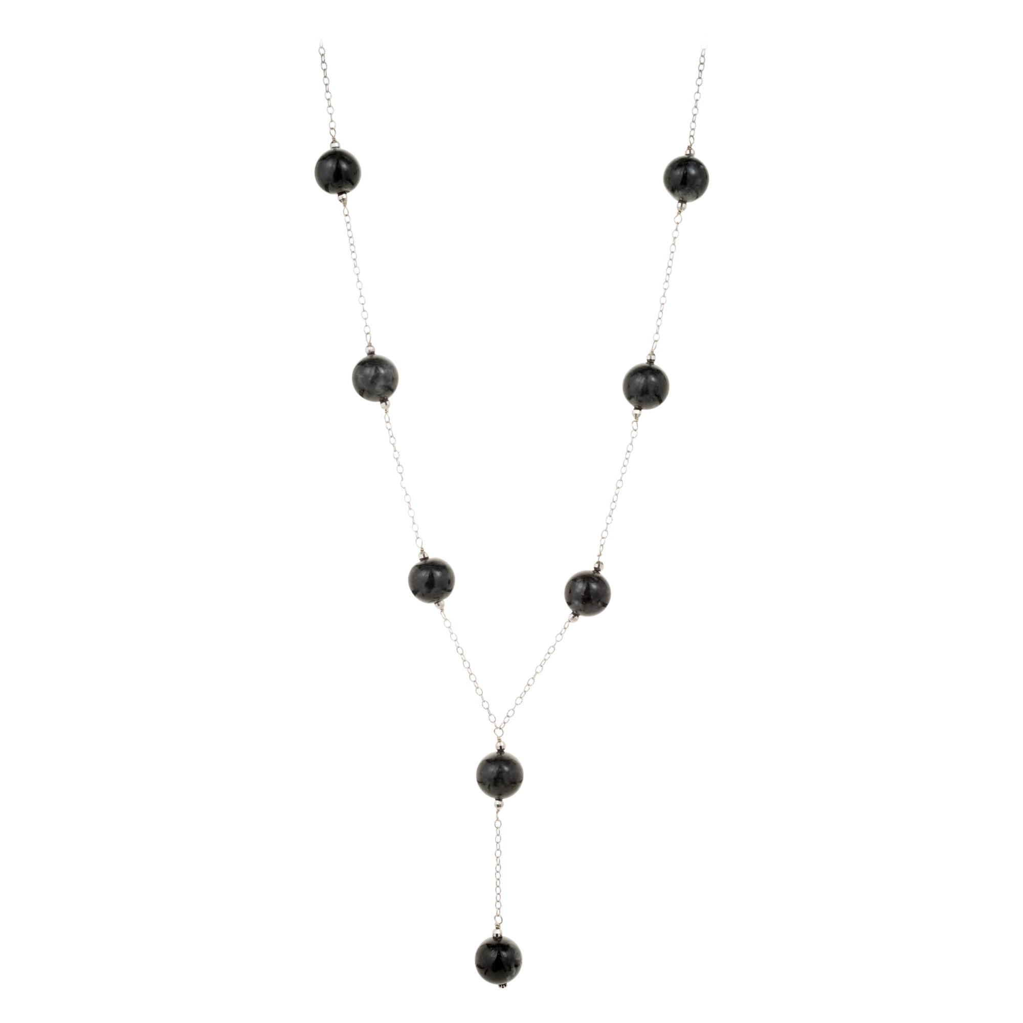 GIA Certified Round Natural Black Jadeite Jade Bead Gold Drop Necklace For Sale