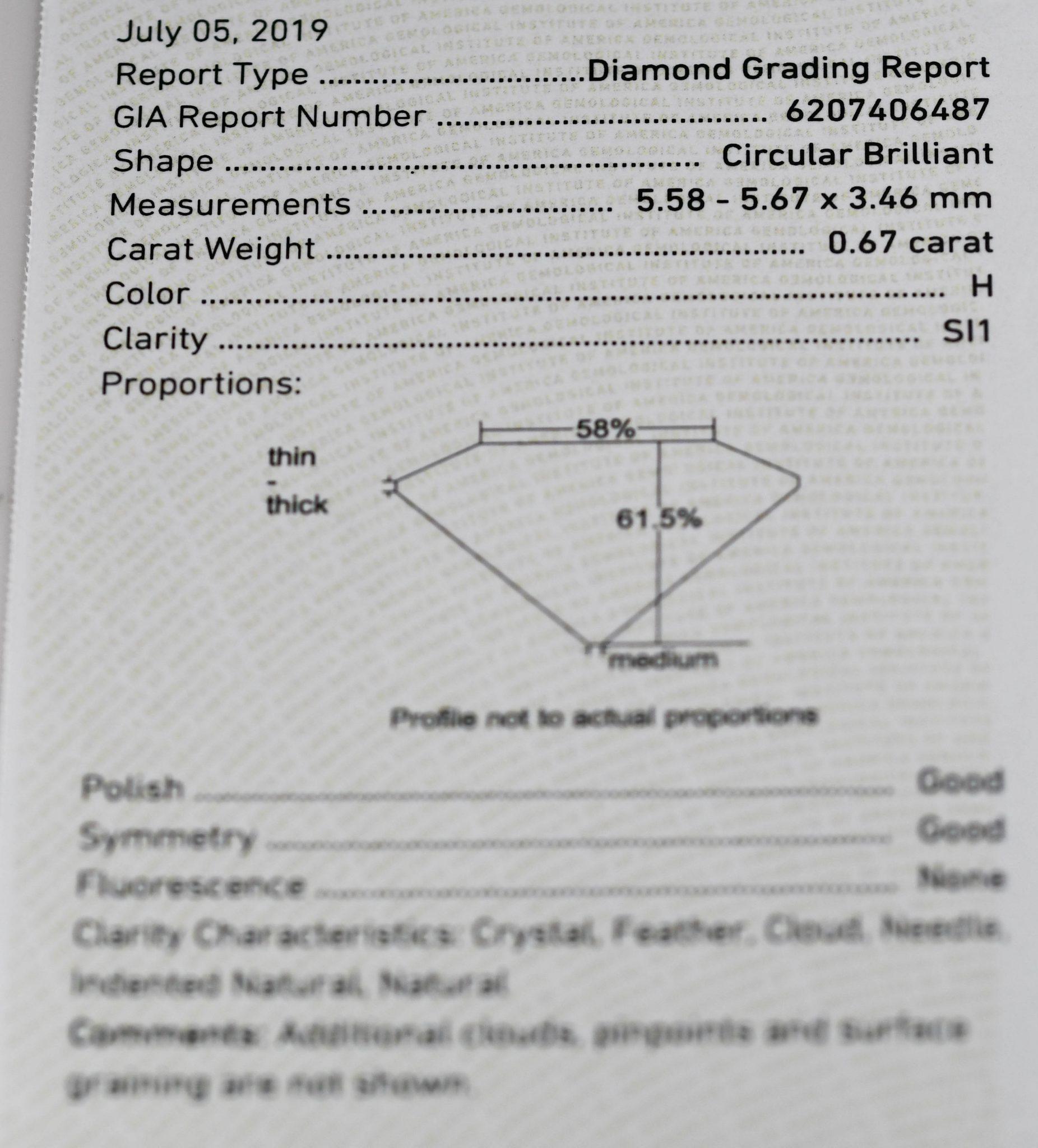 GIA Certified .67ct Round Transition Cut Diamond.
H Color SI1 Clarity Good Cut.
Loose Stone.