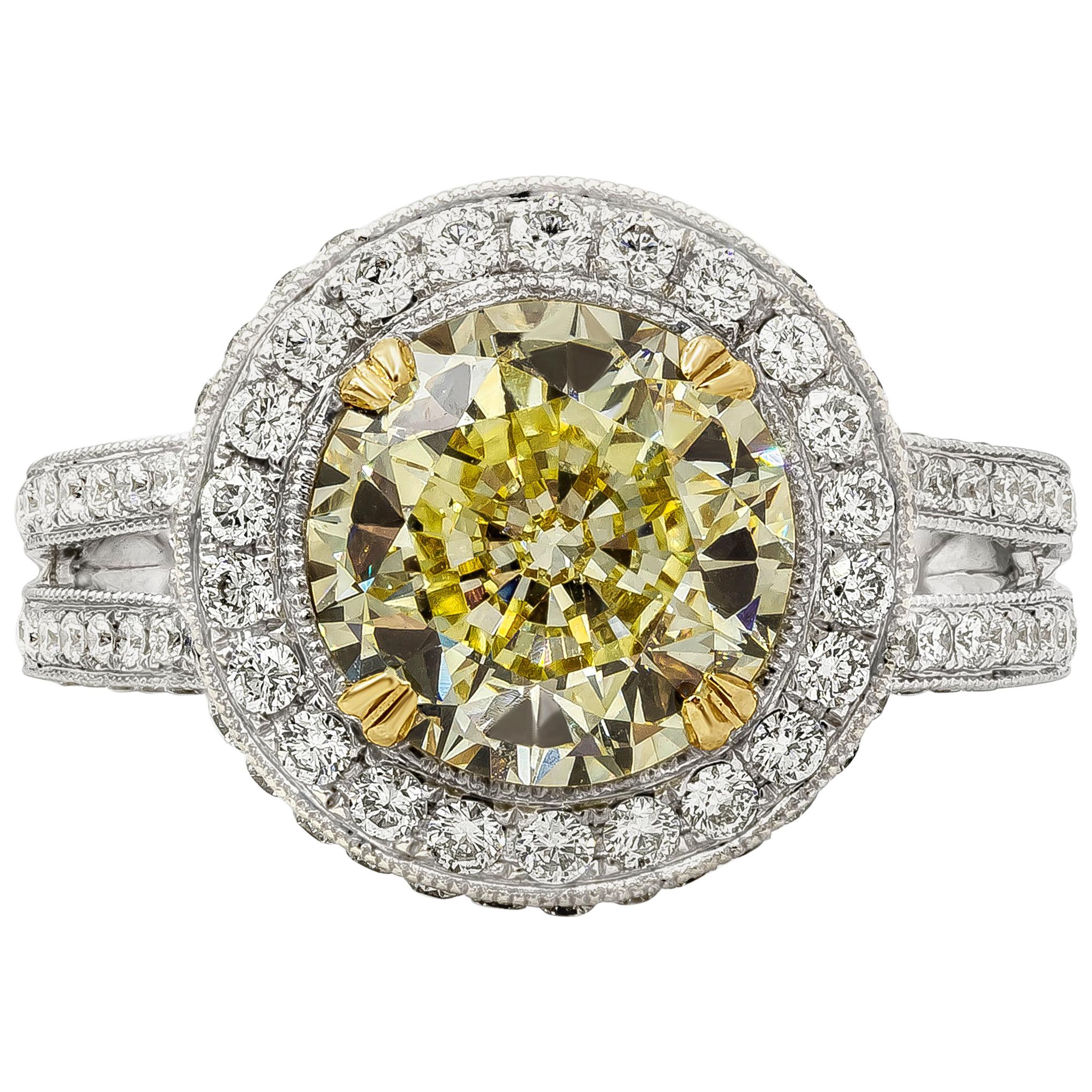 GIA Certified 3.08 Carat Round Yellow Diamond Halo Engagement Ring in White Gold For Sale