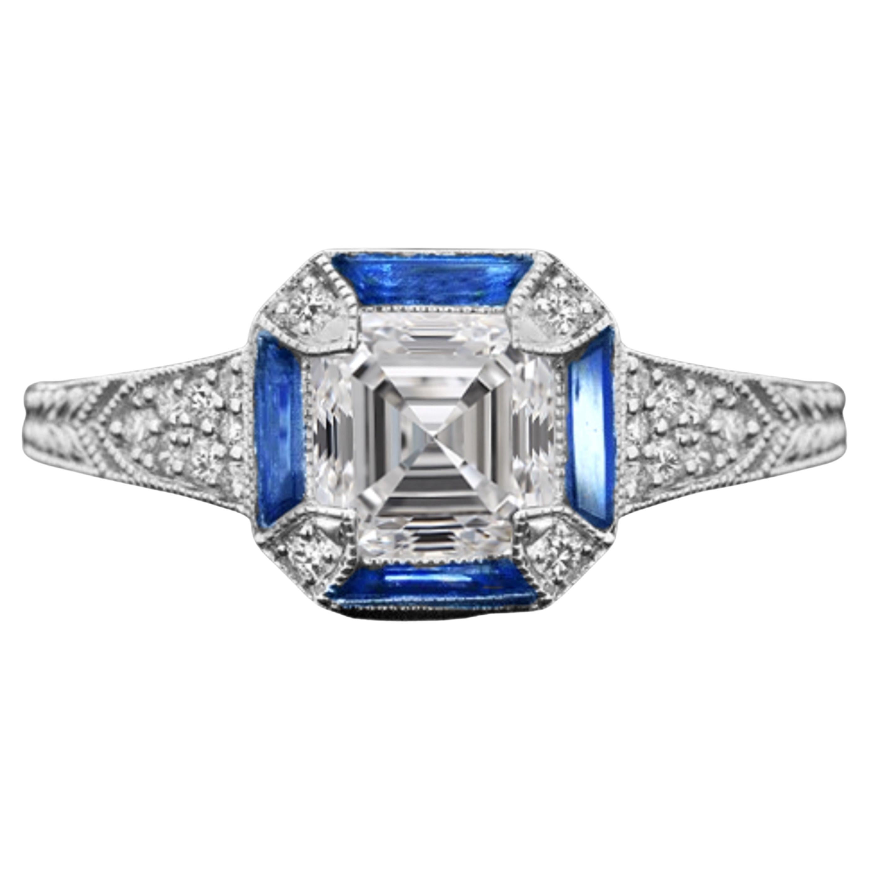 GIA Certified Royal Blue Sapphire Asscher Cut Diamond Cocktail Ring D Color VVS2