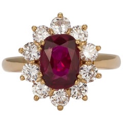 GIA Certified Ruby and Diamond Ring 18 Karat Yellow Gold French Mounting