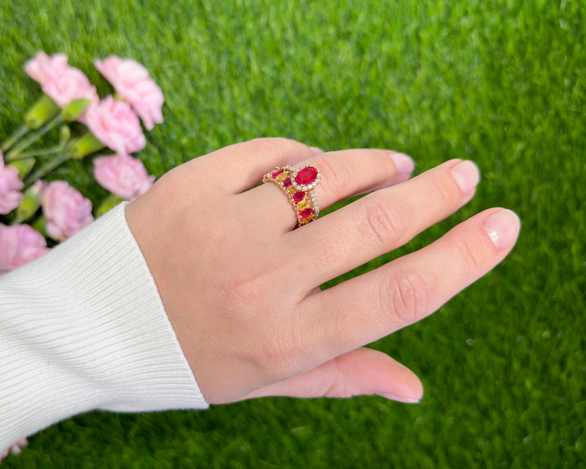 It comes with the Original GIA Certificate #2225505847
All Gemstones are Natural
The set consists from two rings

Main Ring Details:
Natural Unheated Ruby = 1.10 Carat
(Cut: Oval, Color: Red)
Diamonds = 0.45 Carats
(Color: F-G, Clarity: