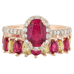 GIA Certified Ruby and Fancy Yellow Diamond Eternity Band Ring Set 14K Rose Gold