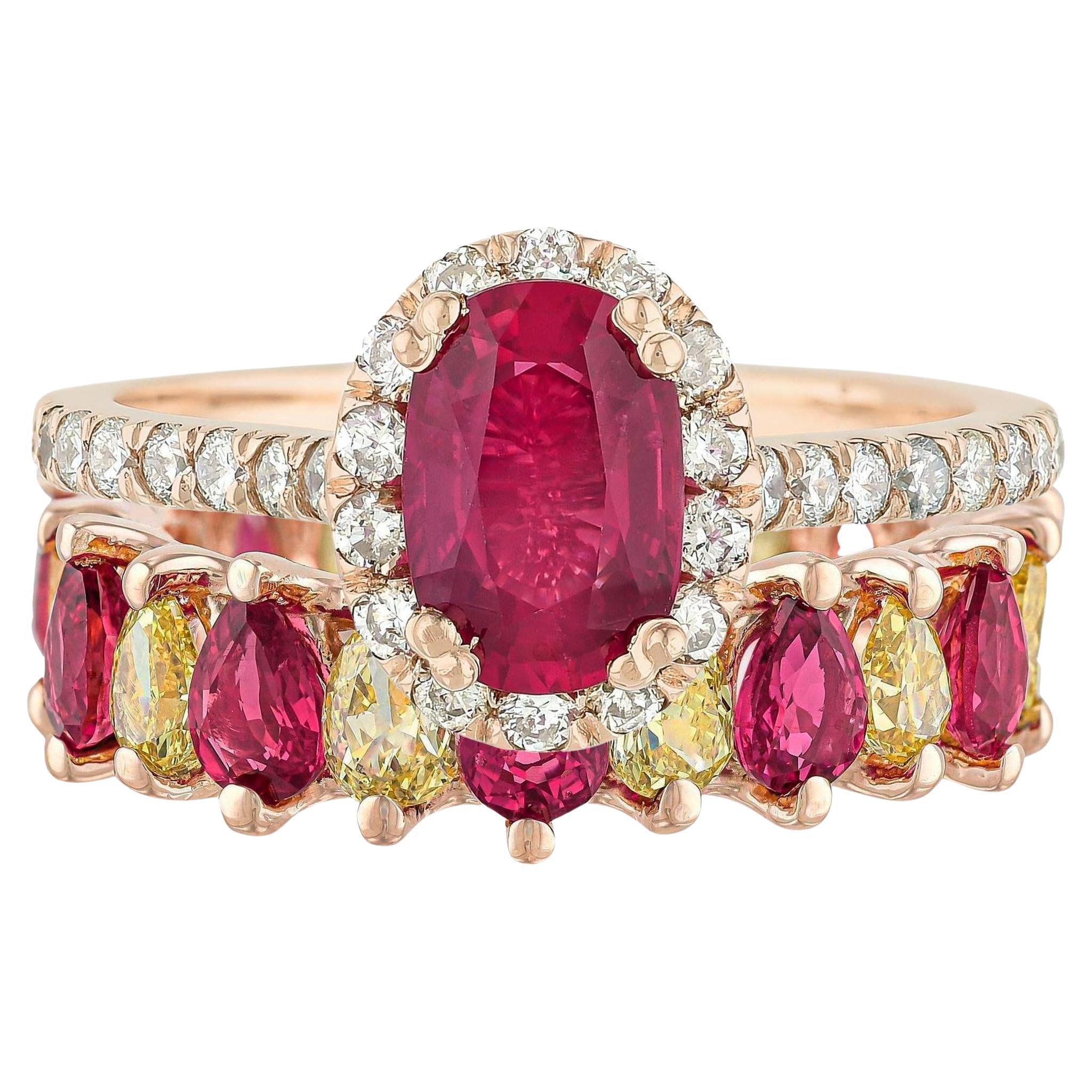 GIA Certified Ruby and Fancy Yellow Diamond Eternity Band Ring Set 14K Rose Gold For Sale