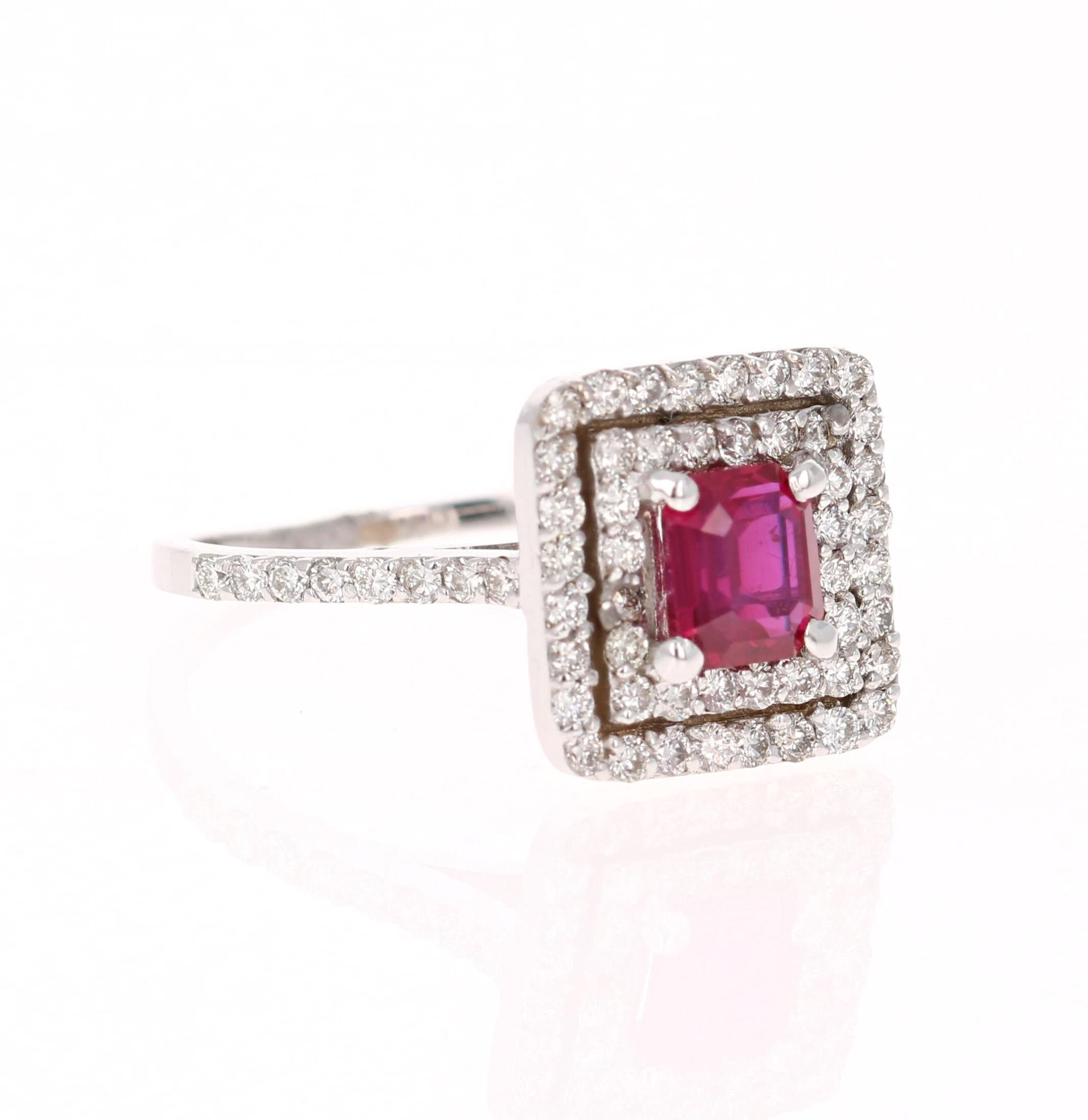 A simple and beautiful ring with a 1.08 Carat Asscher Cut Natural Ruby as its center and 64 Round Cut Diamonds that weigh 0.75 Carats.  The Clarity and Color of the Diamonds are VS2 and H Color. The total carat weight of the ring is 1.83