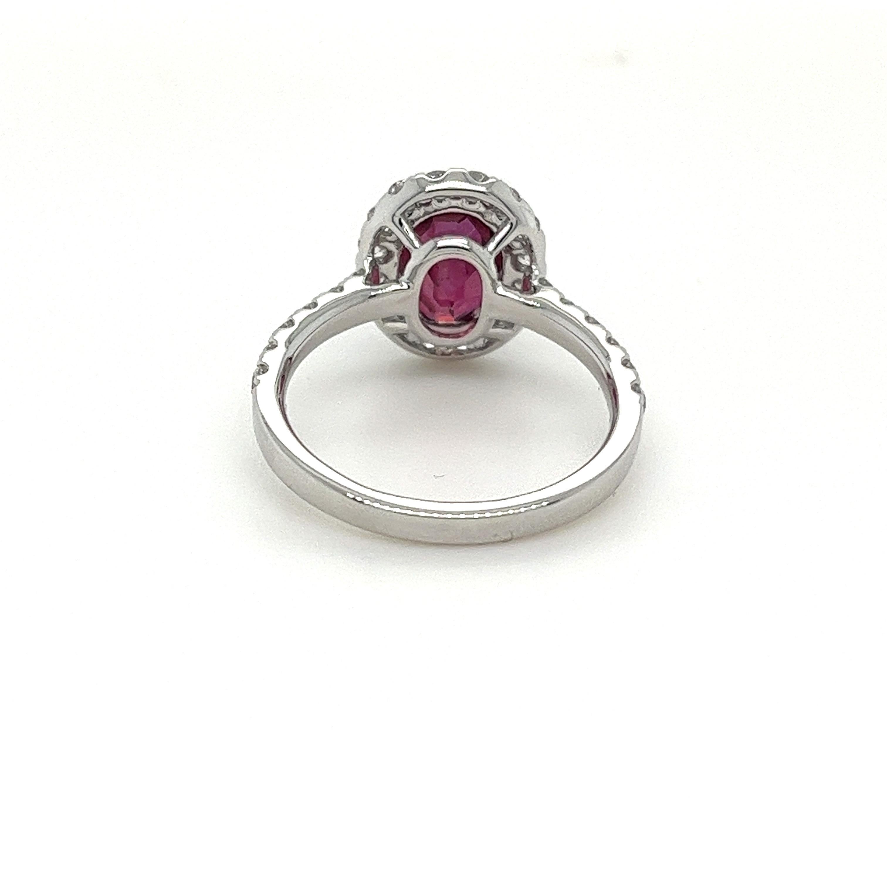 Oval Cut GIA Certified Ruby & Diamond Halo Ring in 18 Karat White Gold For Sale