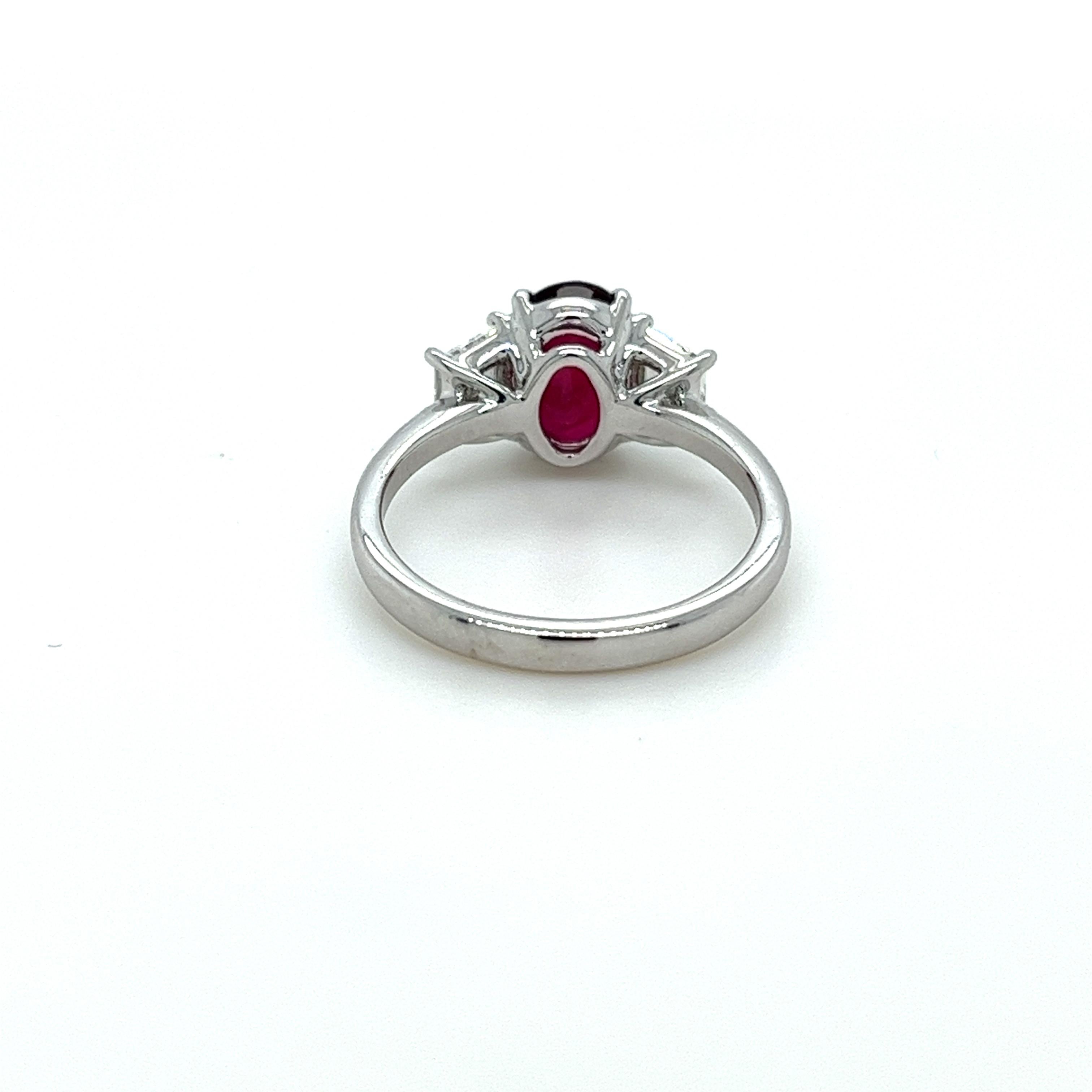 GIA Certified Ruby & Diamond Three Stone Ring in Platinum In New Condition For Sale In Great Neck, NY