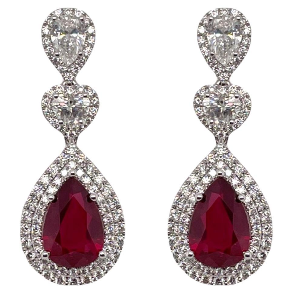GIA Certified Ruby & Double Halo Diamond Drop Earrings in 18K White Gold For Sale