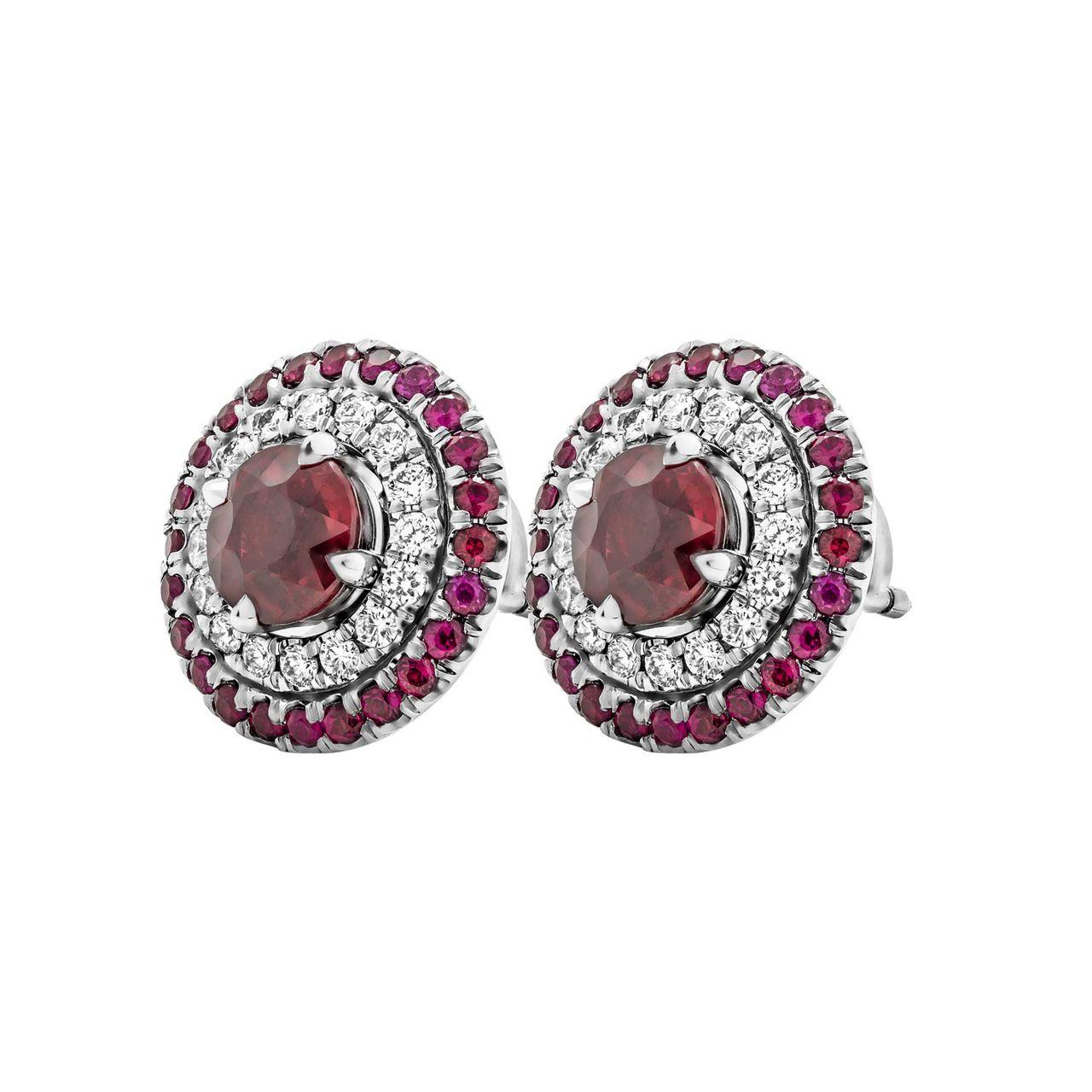 Ruby Earrings with Halo diamond jackets in Platinum 
Centers: 
1.20ct Round Ruby GIA#5191369644 
1.16ct Round Ruby GIA#2191369668
Removable jackets , can be worn as studs
Total carat weight of diamonds: 0.3ct
Total carat weight of rubies:
