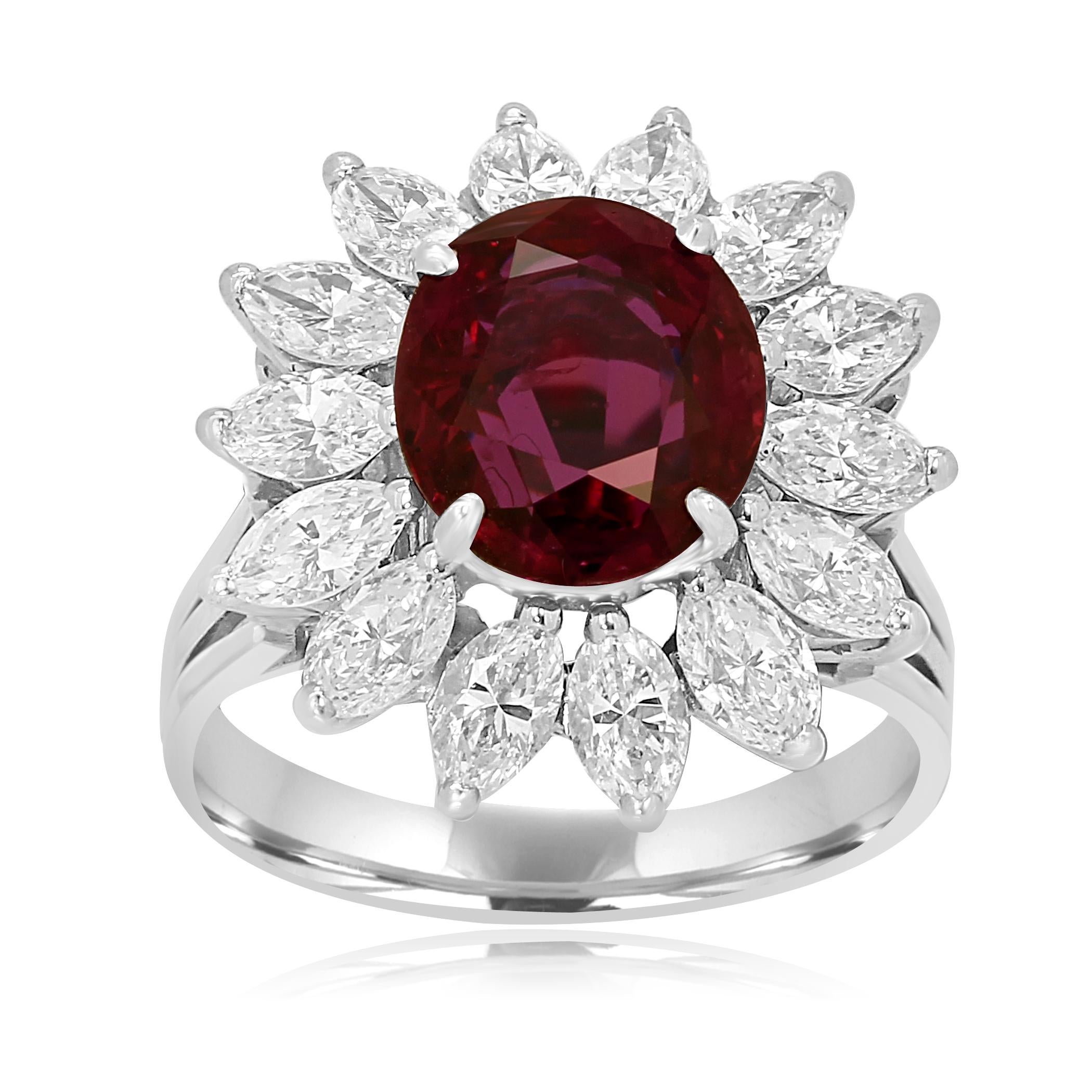 Gorgeous GIA Certified Thai Ruby Oval 4.01 Carat encircled in a single Halo White Marquise Diamond  approximately 3.20 Carat in Hand made platinum ring.

Center Ruby Oval weight 4.01 Carat
Total Approximate Weight 7.21 Carat