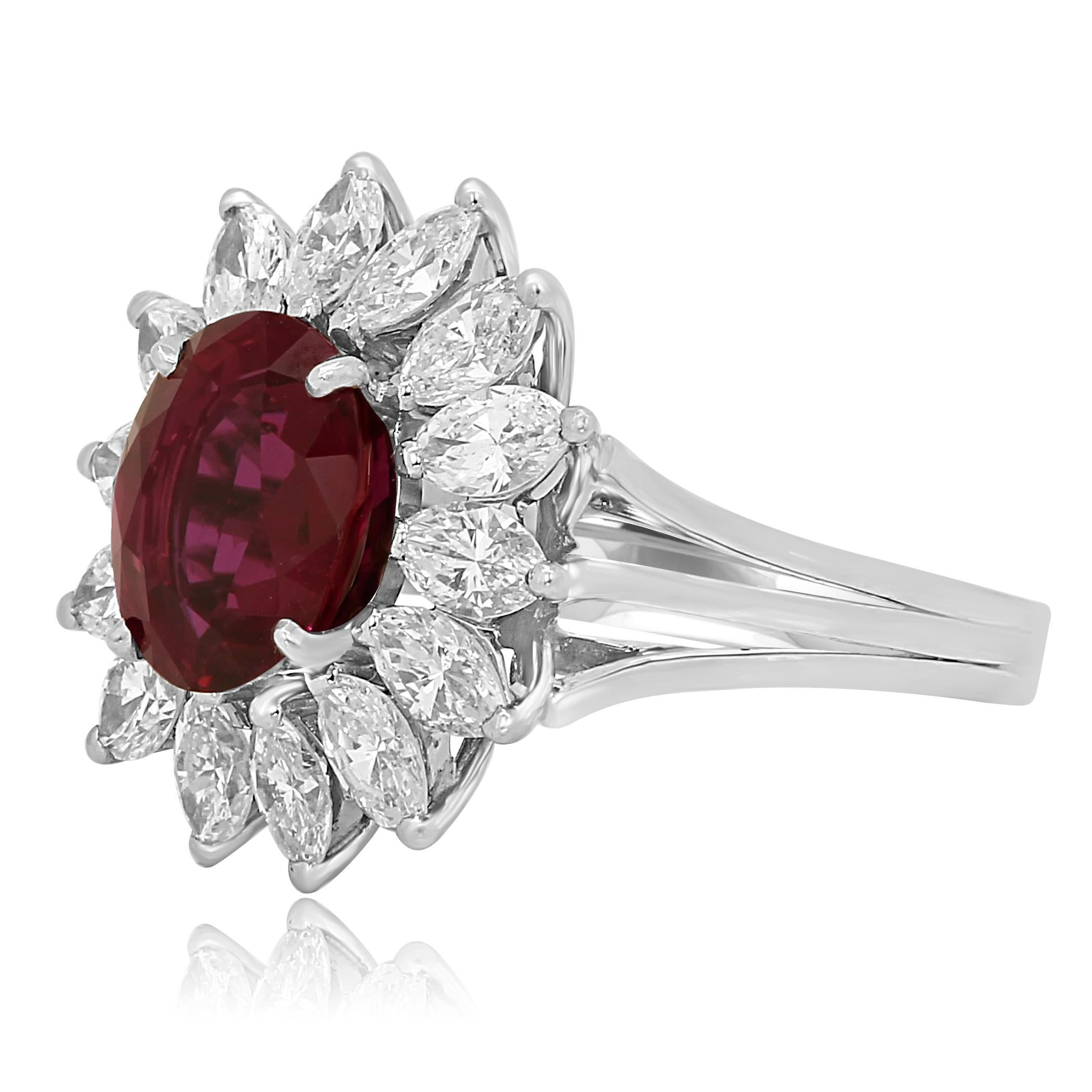 Artisan GIA Certified Ruby Oval 4.01 Carat Diamond Halo Platinum Ring For Sale