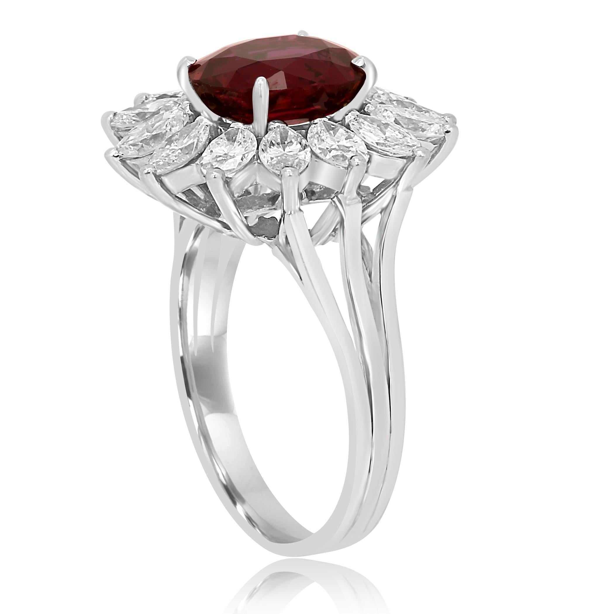 GIA Certified Ruby Oval 4.01 Carat Diamond Halo Platinum Ring In Excellent Condition For Sale In NEW YORK, NY