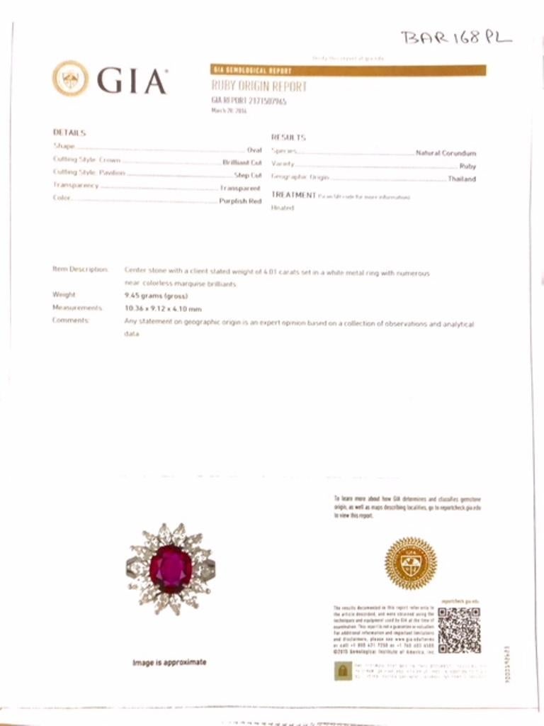 GIA Certified Ruby Oval 4.01 Carat Diamond Halo Platinum Ring For Sale 2