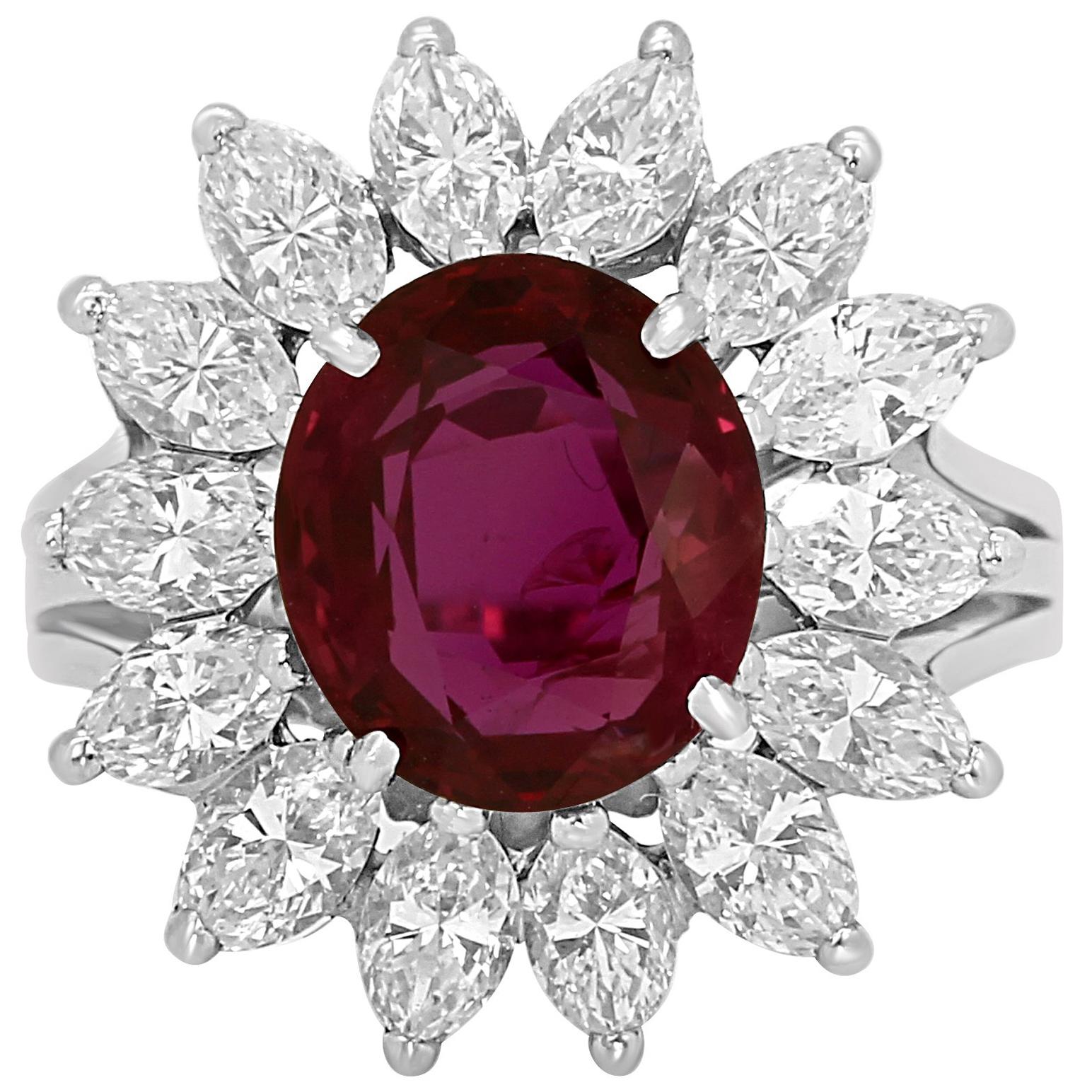 GIA Certified Ruby Oval 4.01 Carat Diamond Halo Platinum Ring For Sale