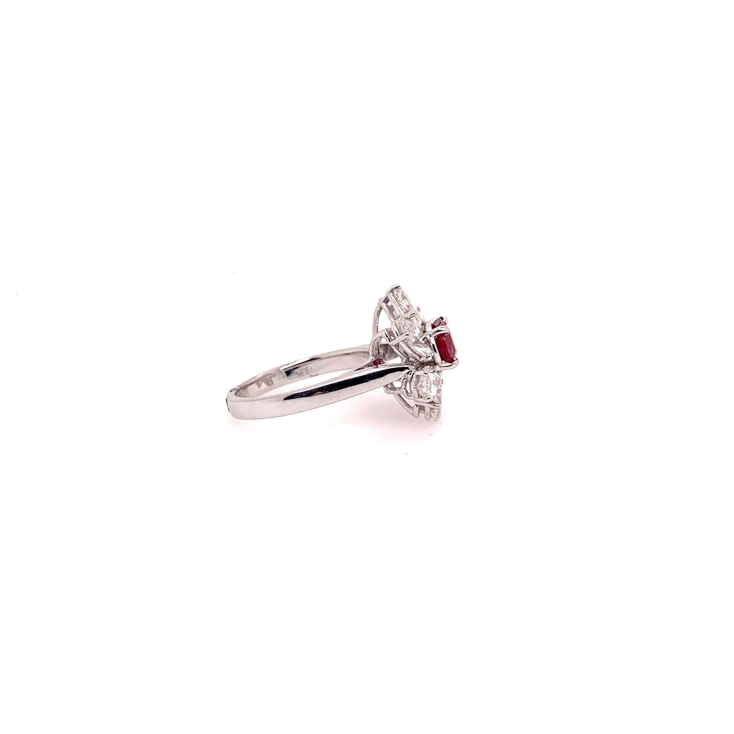 Round Cut GIA Certified Ruby Ring with Diamonds in 18 Karat White Gold Floral Pattern For Sale