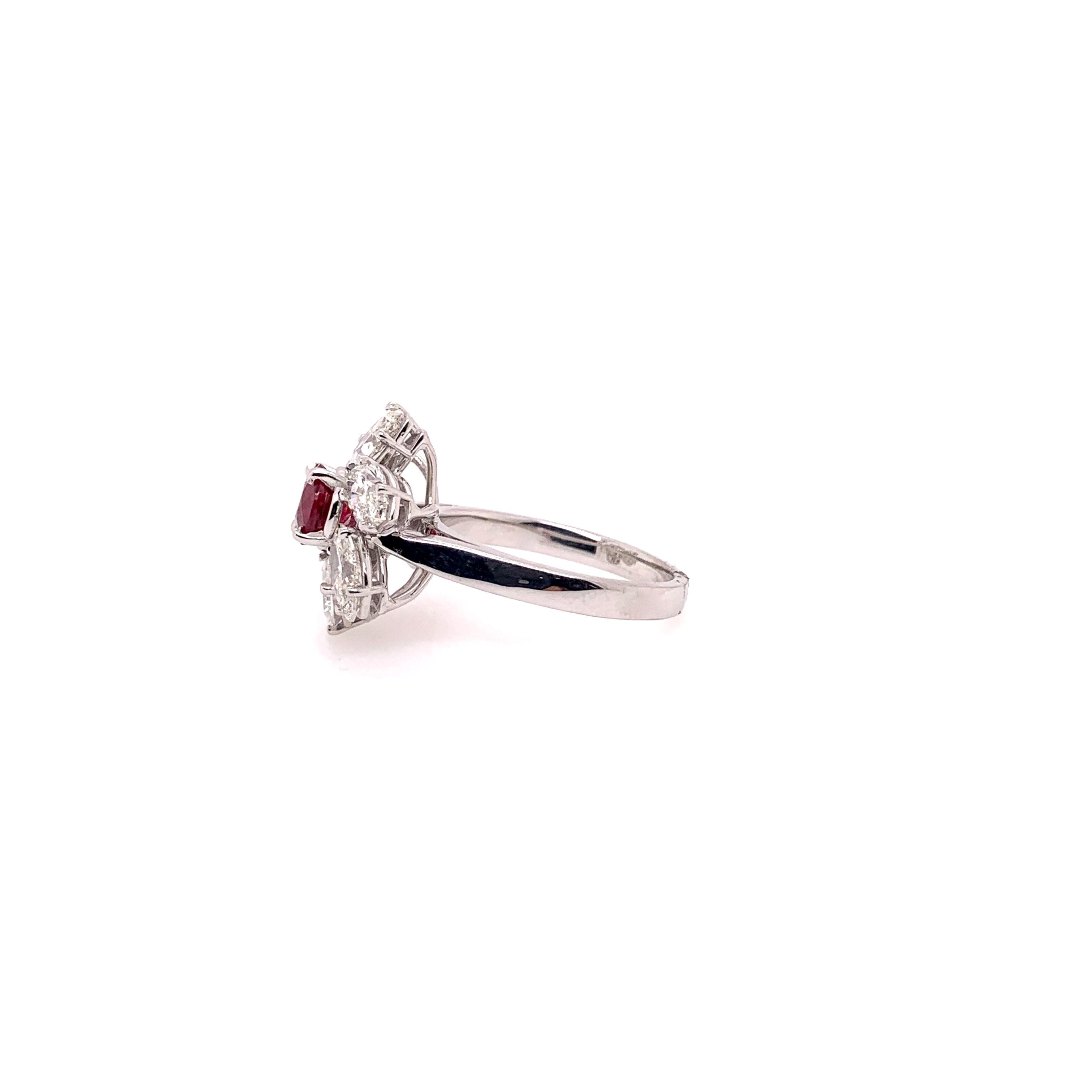 GIA Certified Ruby Ring with Diamonds in 18 Karat White Gold Floral Pattern In New Condition For Sale In Carrollton, TX