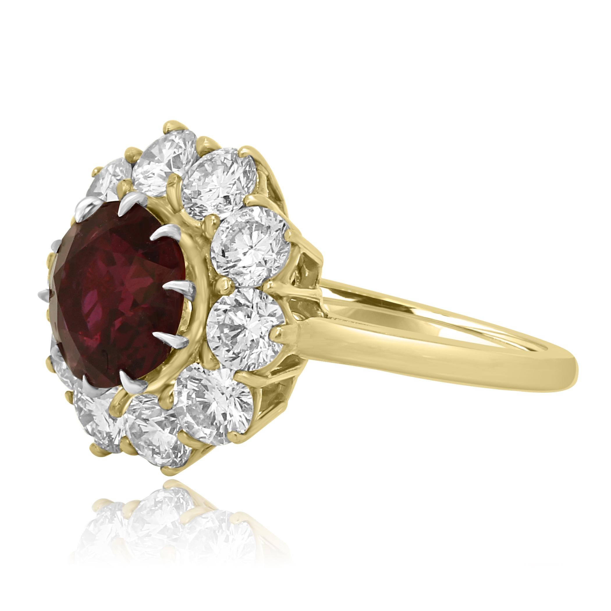 Artisan GIA Certified Ruby Round 3.90 Carat Diamond Halo Ring Gold Platinum Ring For Sale