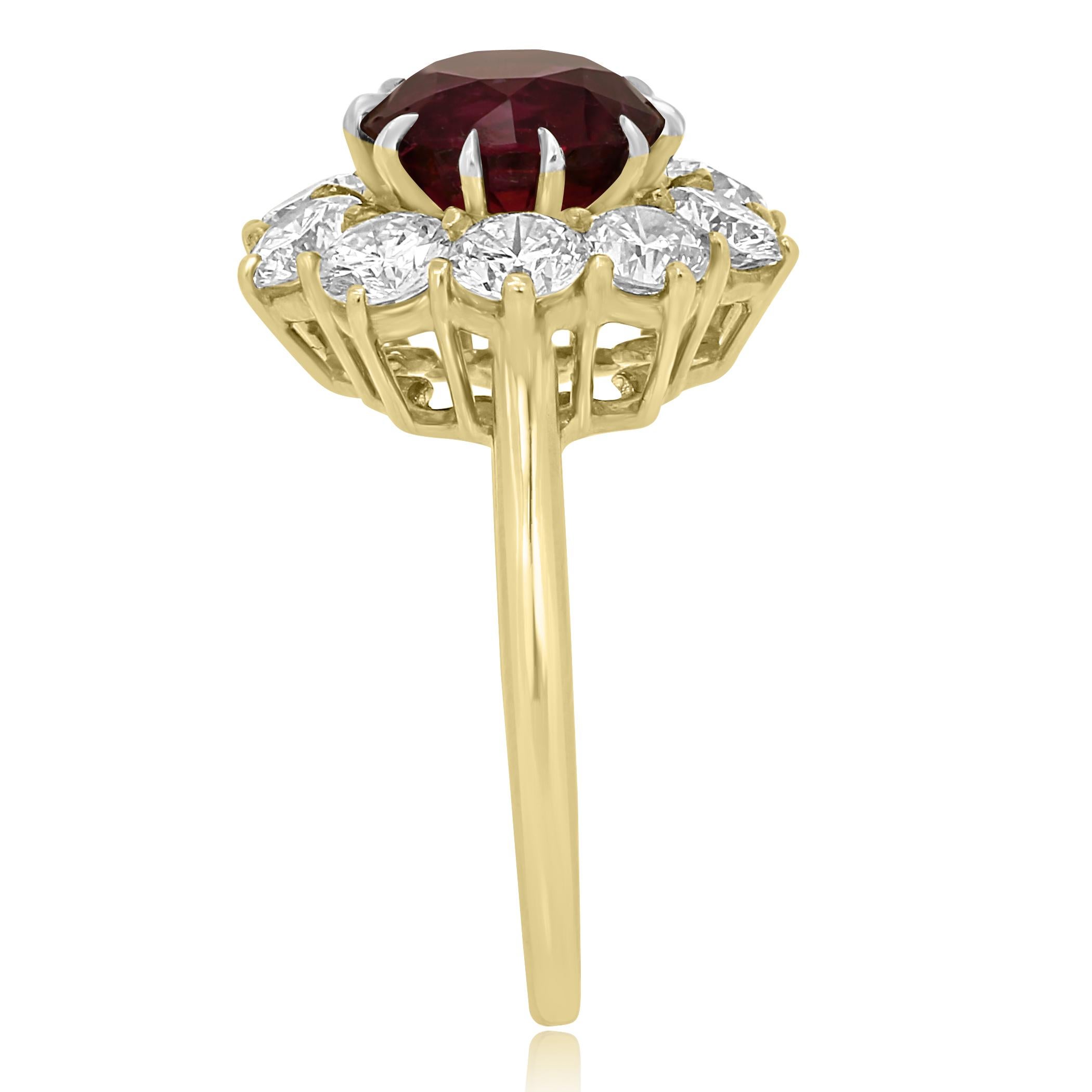 Round Cut GIA Certified Ruby Round 3.90 Carat Diamond Halo Ring Gold Platinum Ring For Sale