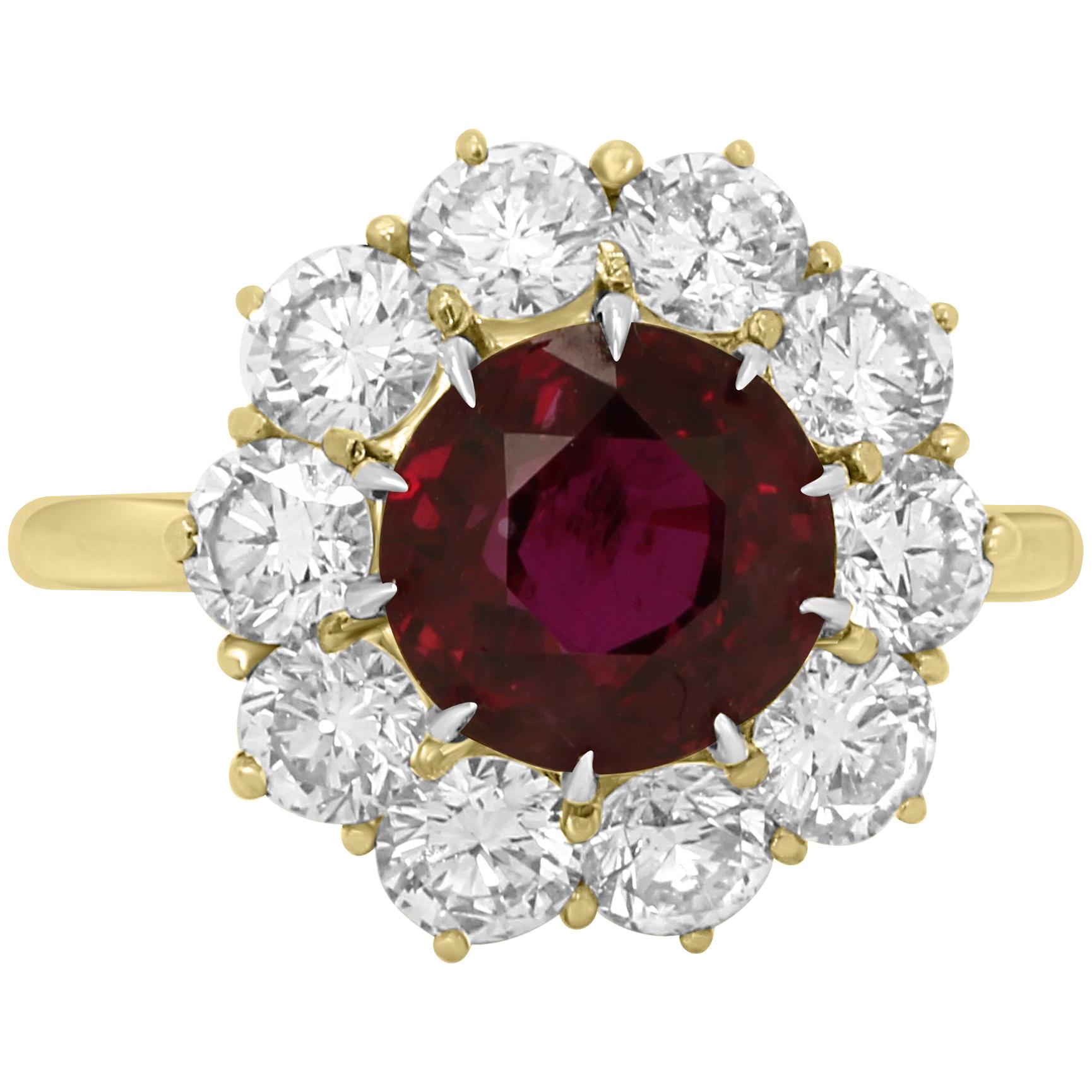 GIA Certified Ruby Round 3.90 Carat Diamond Halo Ring Gold Platinum Ring For Sale