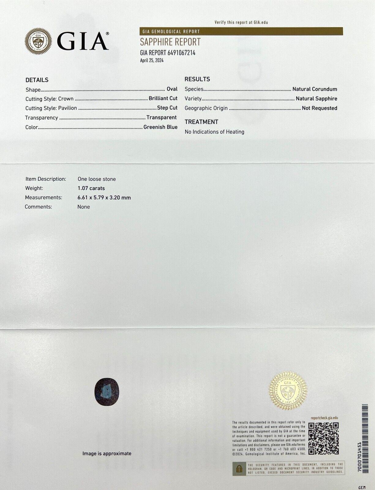 Gia Certified Sapphire 1.07ct Deep 'lagoon' Green Blue Unheated Natural Oval Cut

GIA Certified Deep 'Lagoon' Green Blue Untreated Sapphire Gemstone.
1.07 Carat sapphire with a beautiful deep 'lagoon' green blue colour and excellent clarity, a very