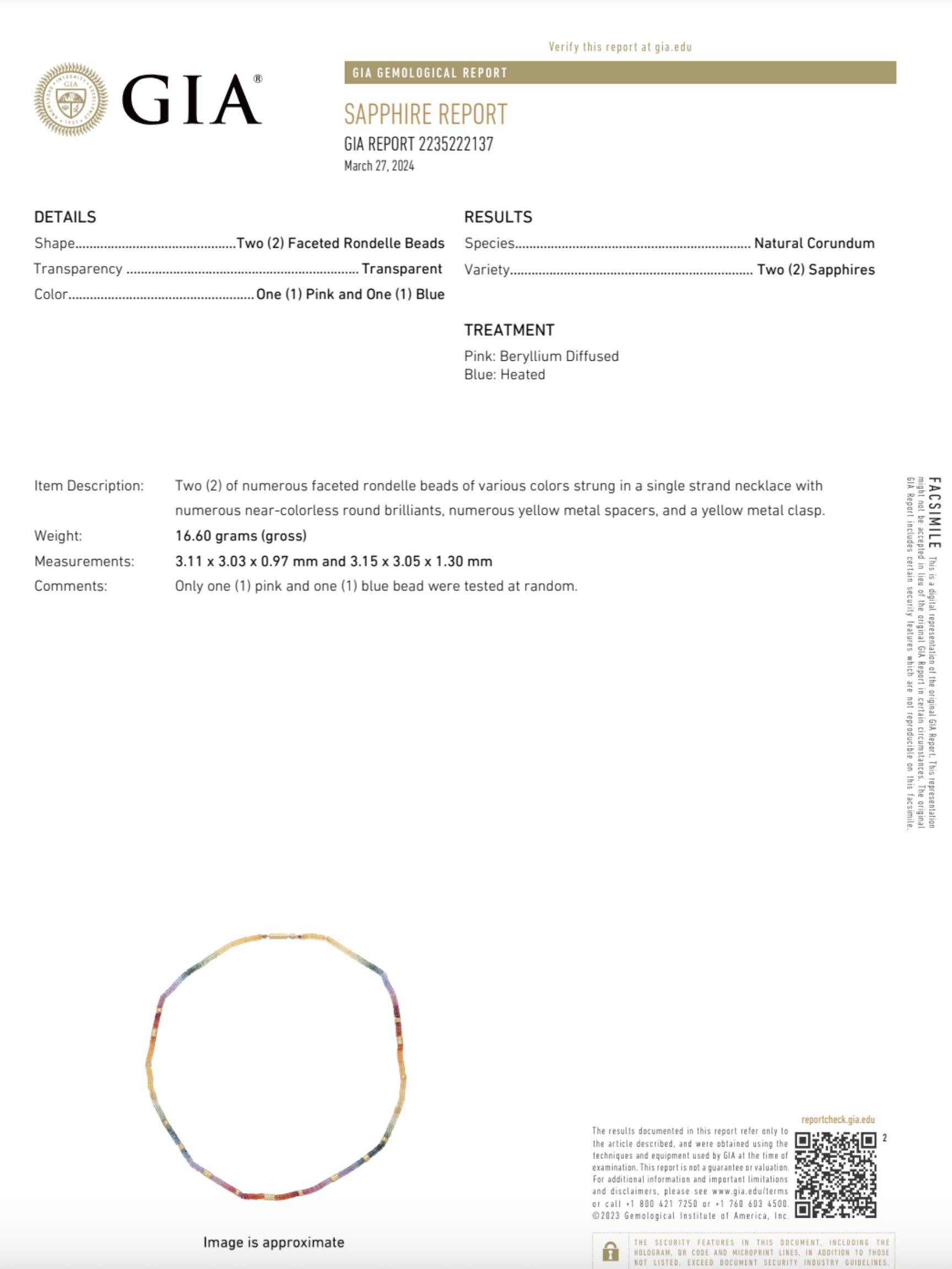 Collana multicolore arcobaleno con perle di zaffiro certificate GIA in oro giallo 14k In condizioni Nuovo in vendita a Miami, FL