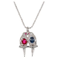 GIA Certified Sapphire Diamond Ruby Platinum Love Bird Pendant Necklace