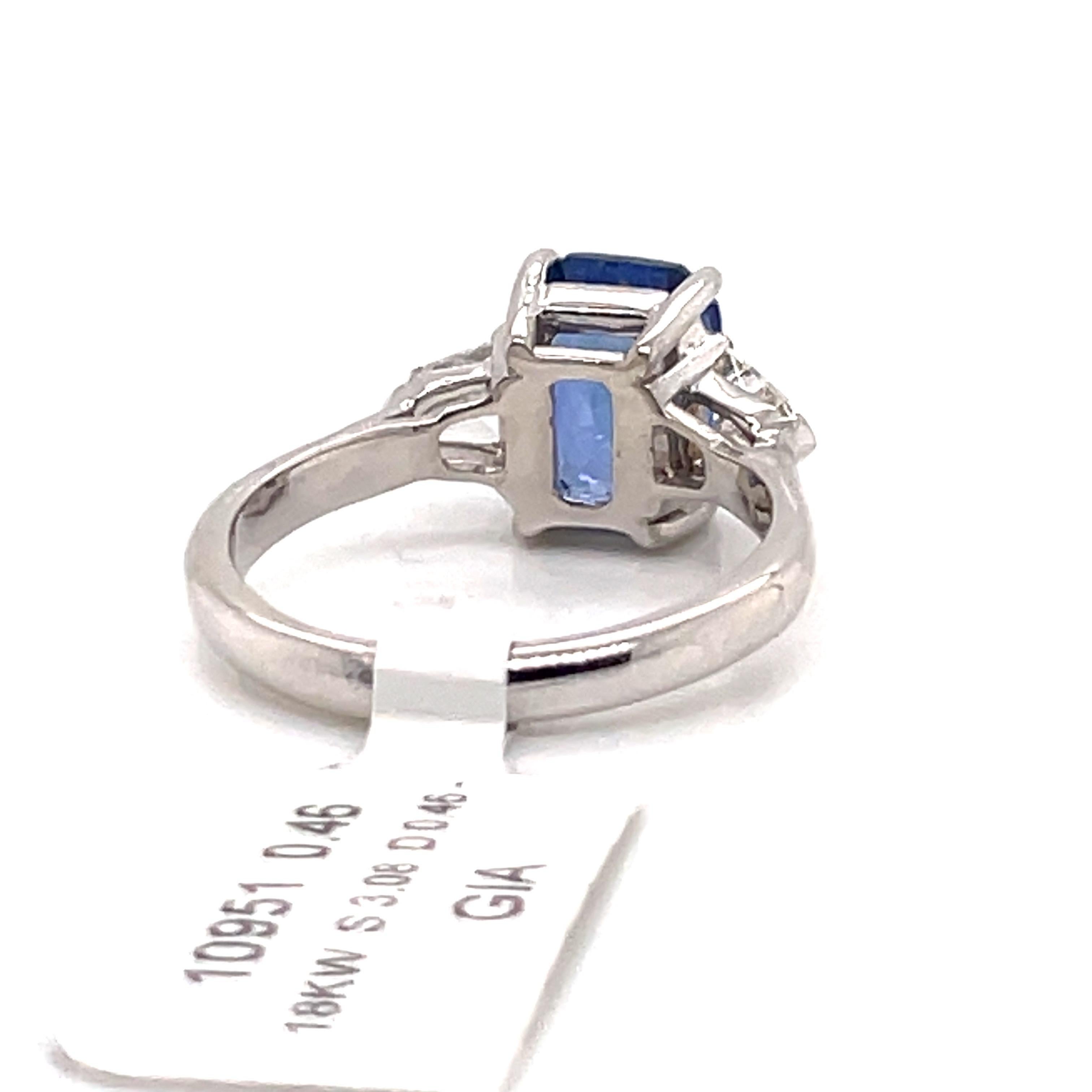 Women's or Men's GIA Certified Sapphire Diamond Three-Stone Ring 18 Karat White Gold No Heat