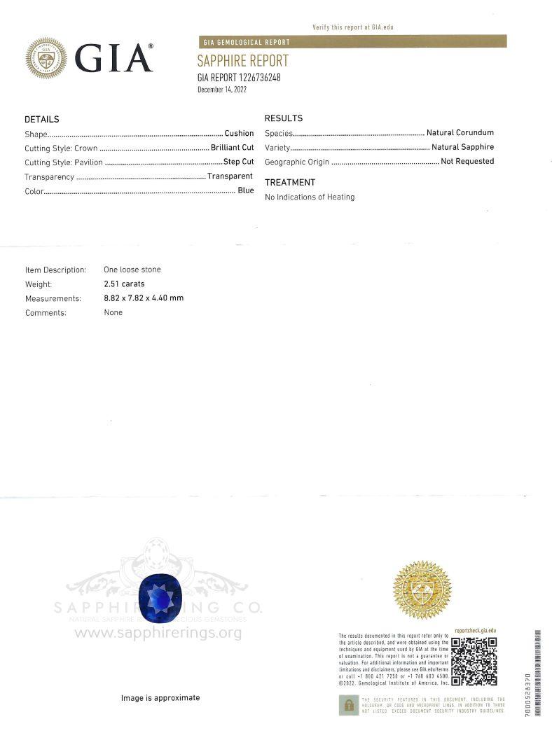 At 2.51 carats, this natural no-heat sapphire ring by Sapphire Ring Company is a beautiful addition to our selection of Ceylon sapphire rings for sale. This unheated sapphire features a long cushion cut with an outstanding pure blue hue and no