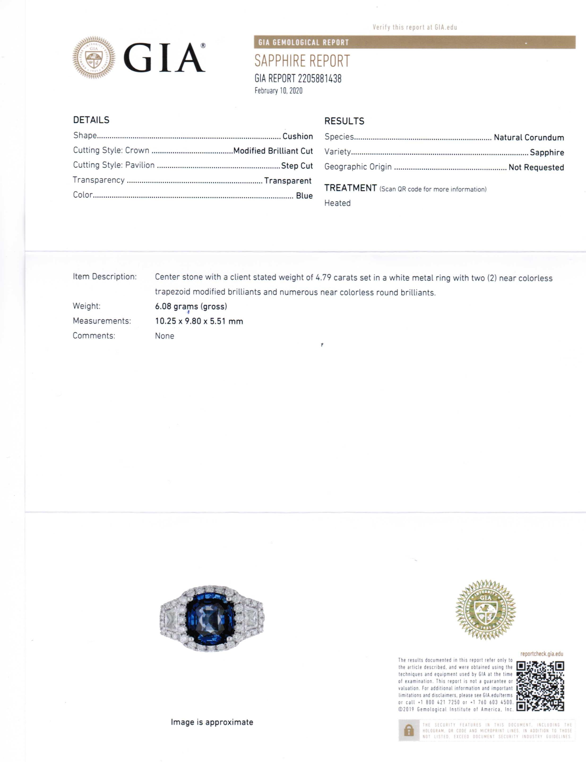 GIA Certified Sapphire White Diamond Ring 18k  Wt. Gold 2