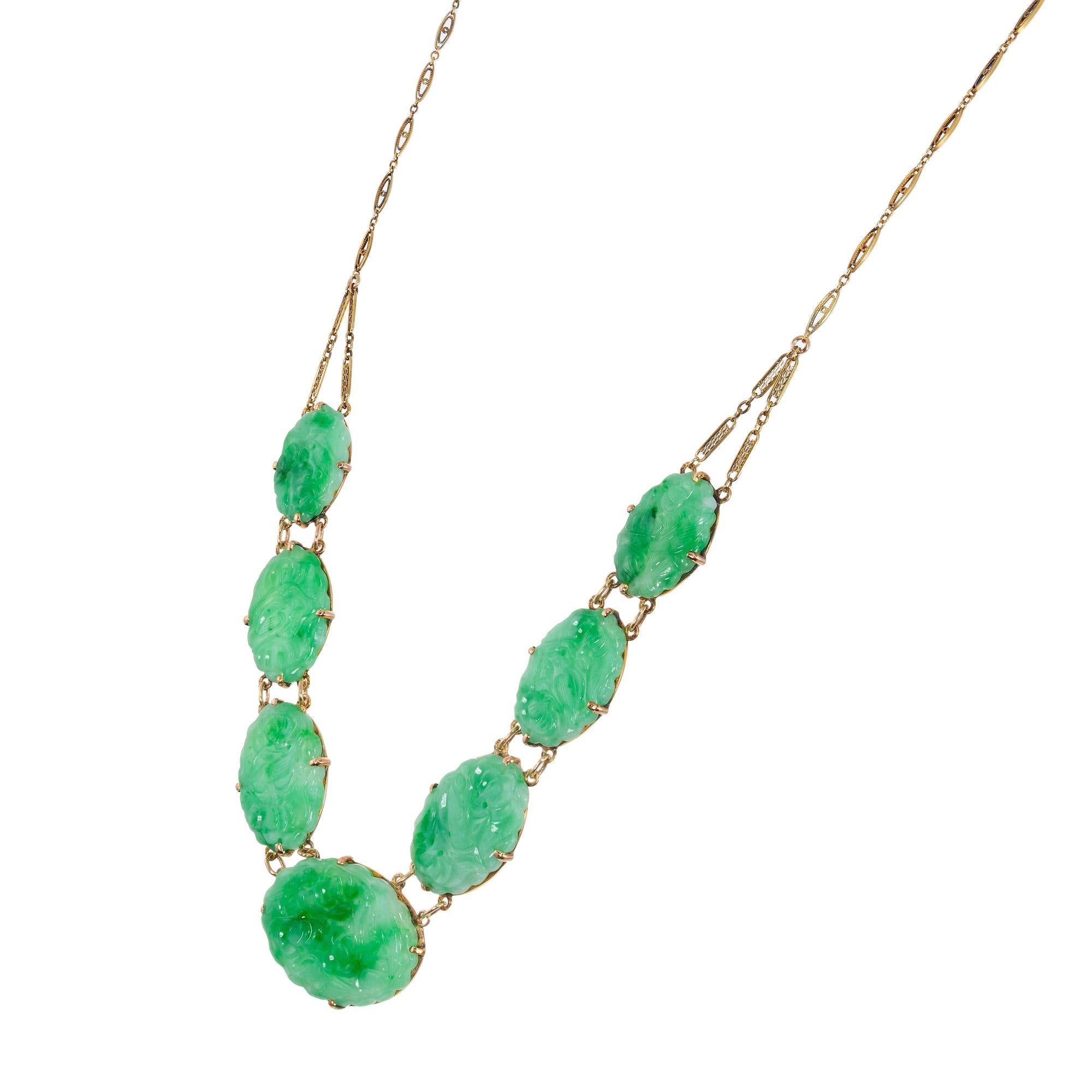 Retro 1940's Art Deco handmade A grade natural Jadeite Jade pendant necklace. 7 Exquisite oval-shaped natural Jadeite Jade stones, random tested by the GIA as natural color, no enhancements. Set in handmade rose gold frames. With an 18 inch 14k
