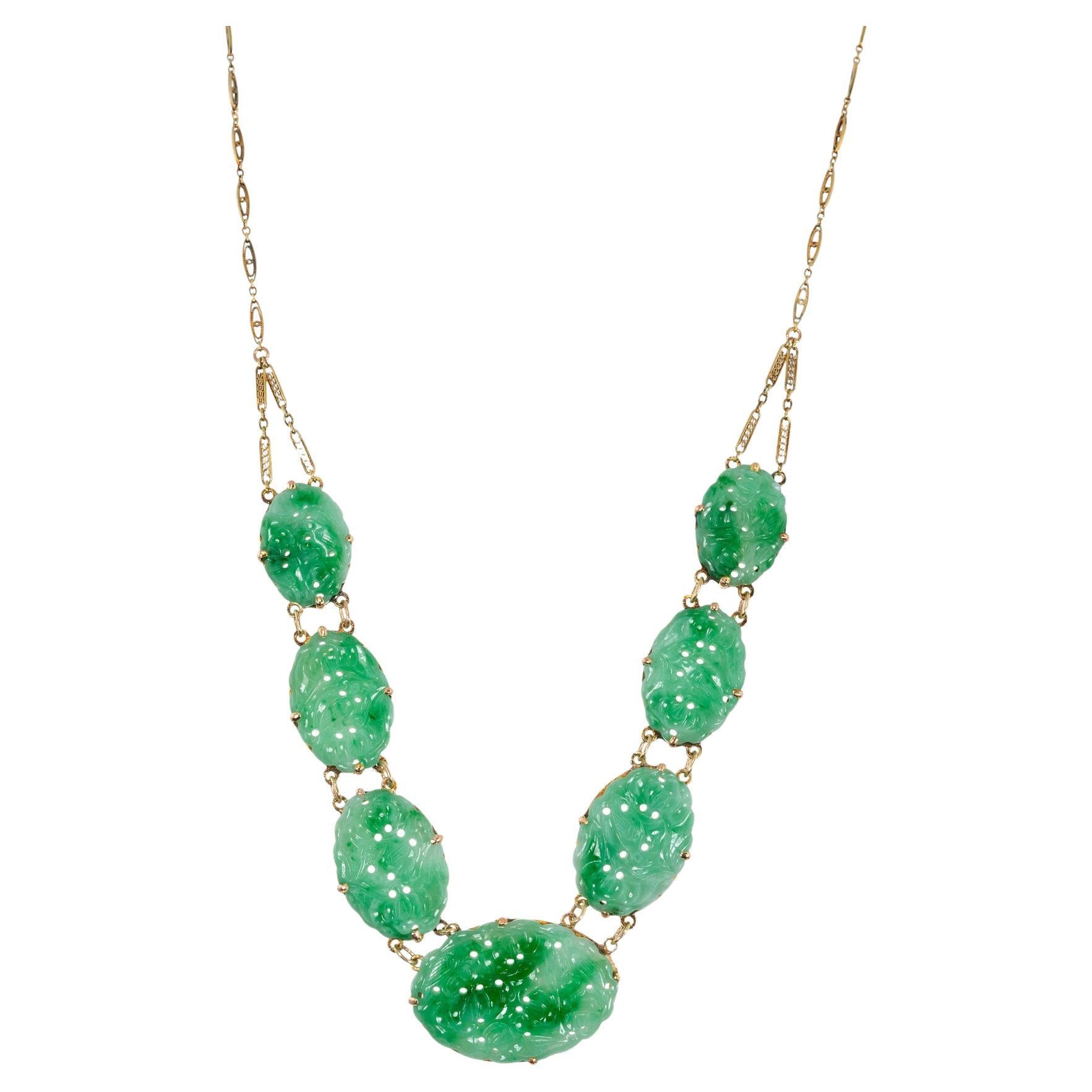 GIA Certified Seven Stone Oval Natural Jadeite Jade Gold Pendant Necklace For Sale