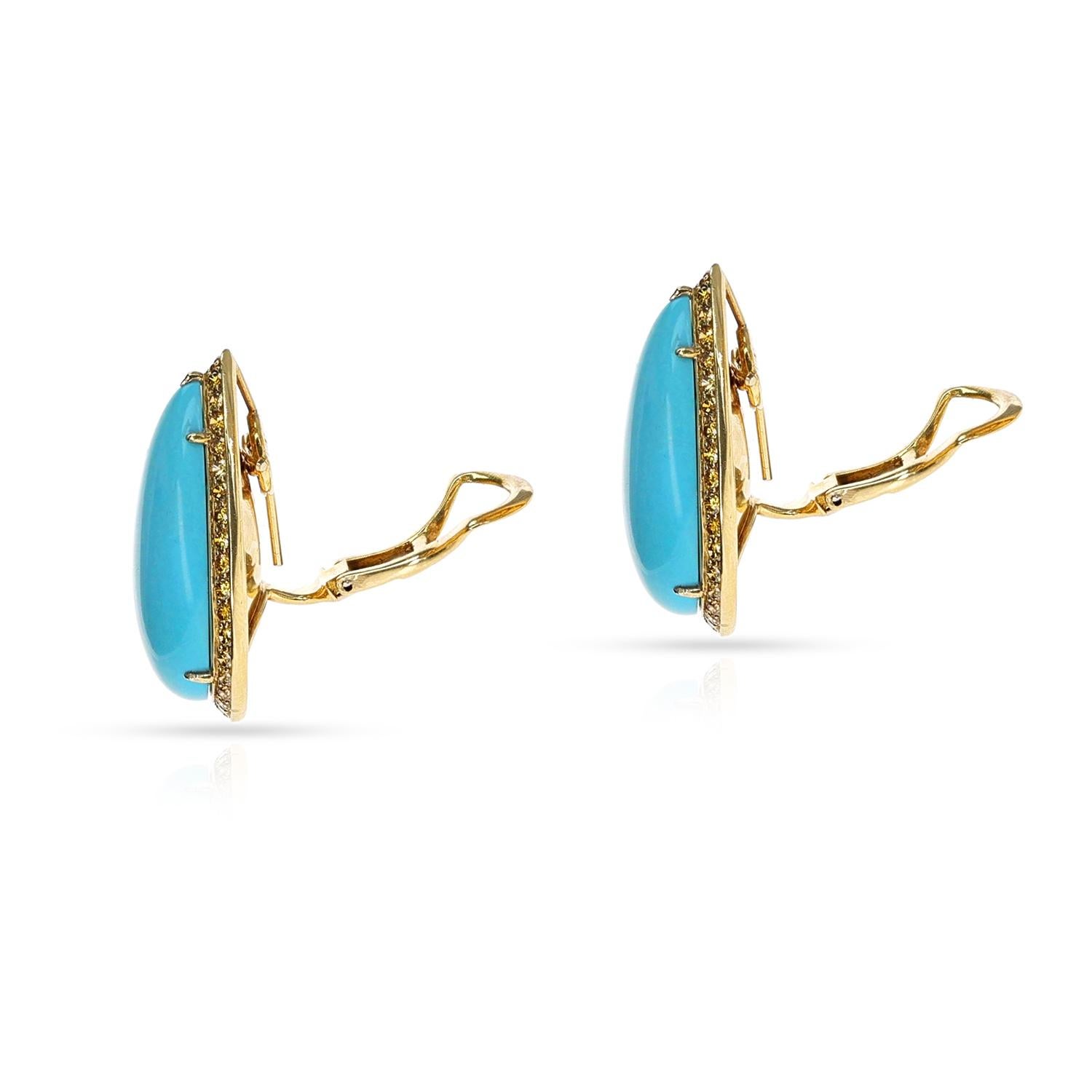 Pear Cut GIA Certified Sleeping Beauty Pear-Shape Turquoise Cabochons & Diamond Earrings For Sale