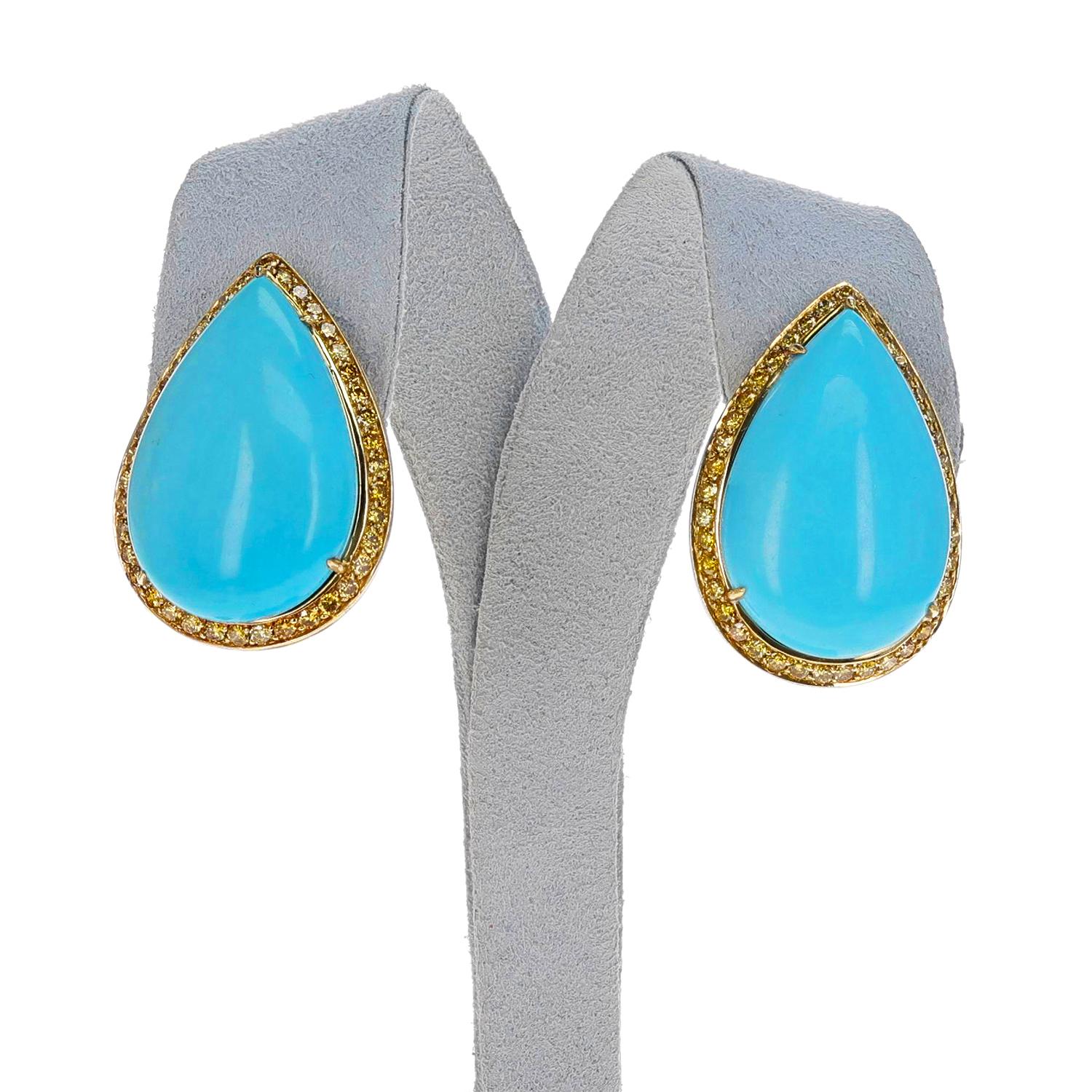Women's or Men's GIA Certified Sleeping Beauty Pear-Shape Turquoise Cabochons & Diamond Earrings For Sale