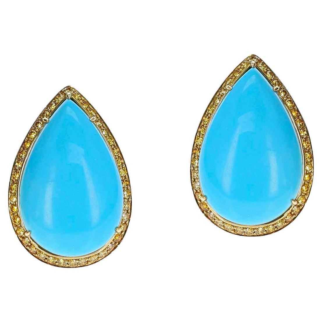 GIA Certified Sleeping Beauty Pear-Shape Turquoise Cabochons & Diamond Earrings For Sale