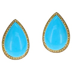 GIA Certified Sleeping Beauty Pear-Shape Turquoise Cabochons & Diamond Earrings