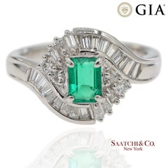 GIA Certified Solid Platinum 900 Natural Diamond and Natural Emerald Ring
