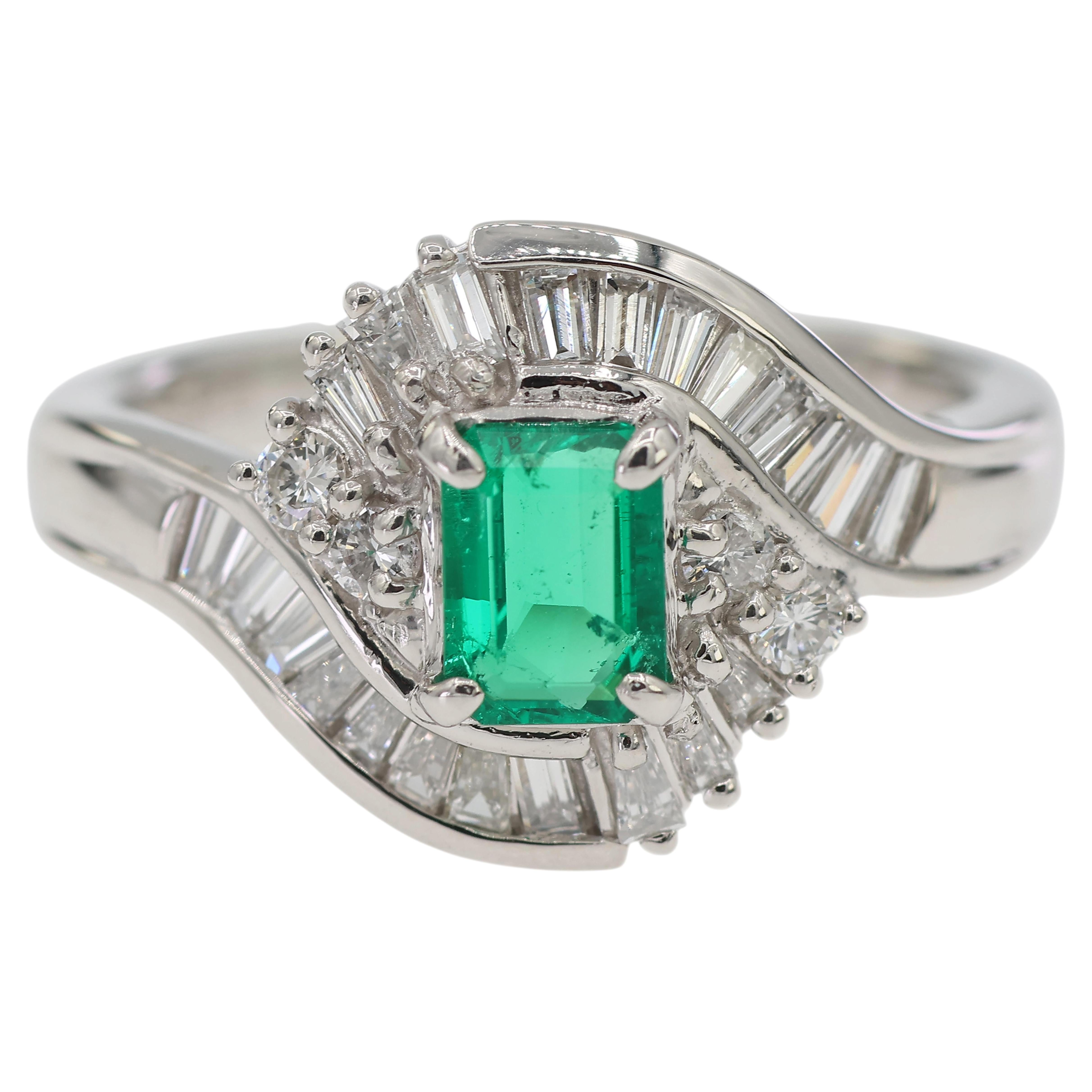 GIA Certified Solid Platinum 900 Natural Diamond and Natural Emerald Ring