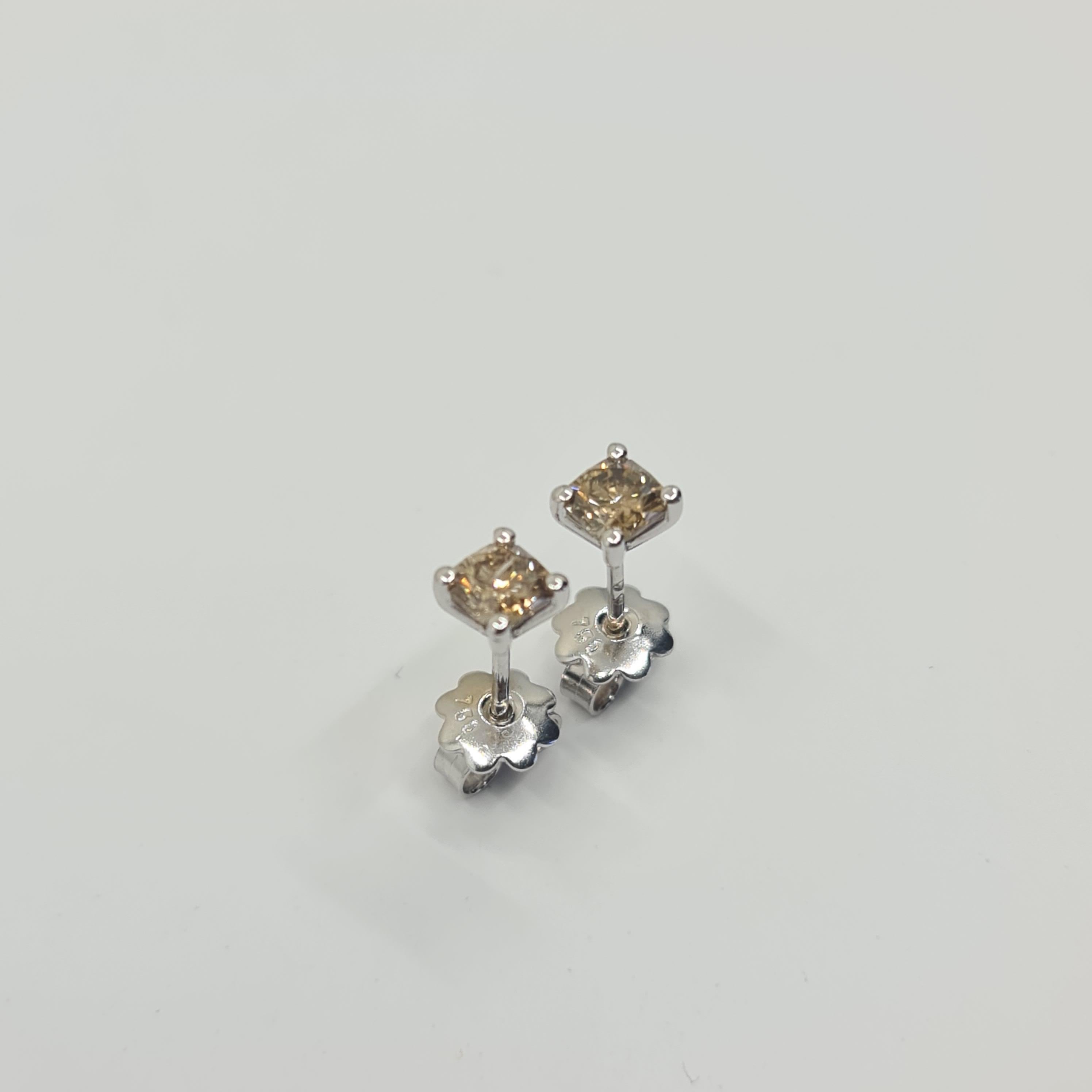 GIA Certified Solitaire Fancy Cognac Diamond Studs 0.45 Carat I2 0.46 Carat I1 For Sale 4