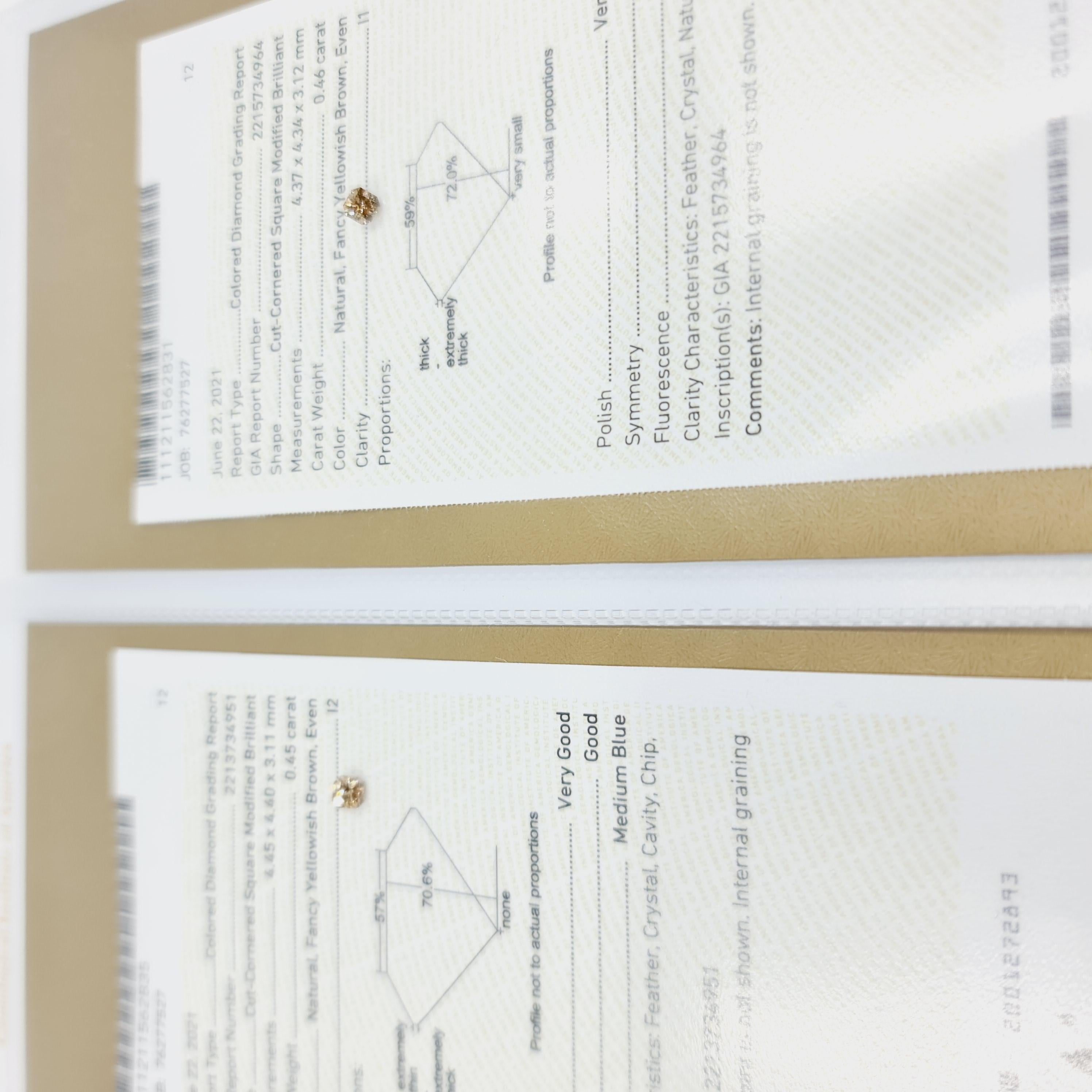 GIA Certified Solitaire Fancy Cognac Diamond Studs 0.45 Carat I2 0.46 Carat I1 8