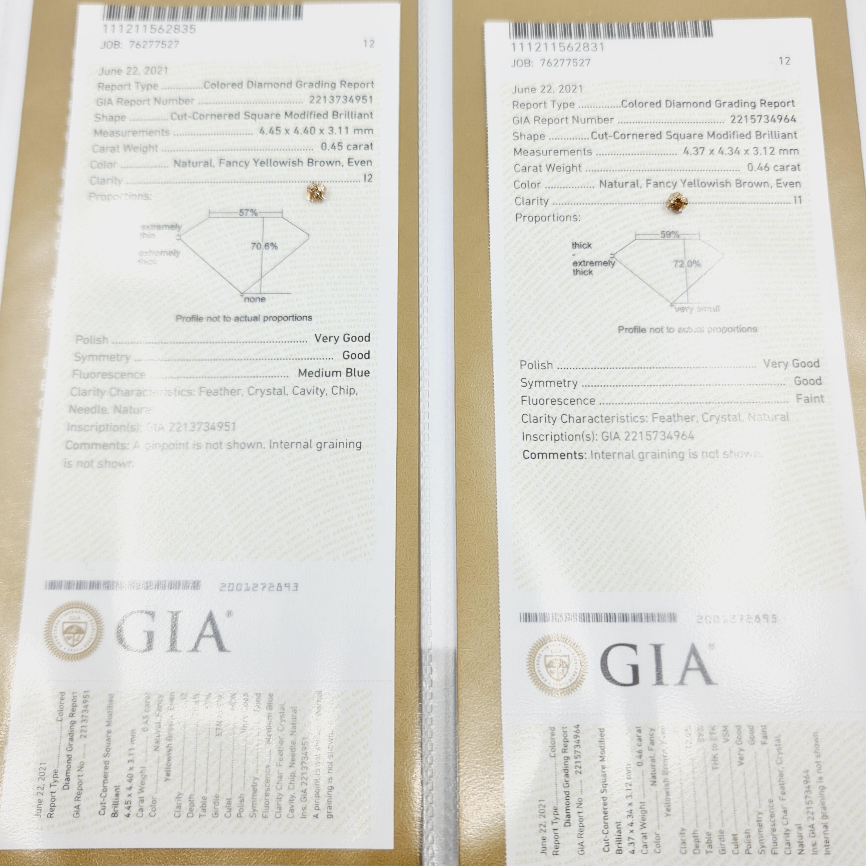 Modern GIA Certified Solitaire Fancy Cognac Diamond Studs 0.45 Carat I2 0.46 Carat I1 For Sale