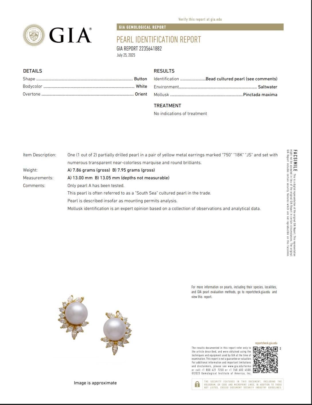 Boucle d'oreille en or jaune 18 carats, perle de culture des mers du Sud certifiée par le GIA et diamant naturel en vente 2