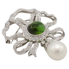 GIA Certified South Sea Cultured Pearl & Tourmaline Natural Diamond Brooch Pin
