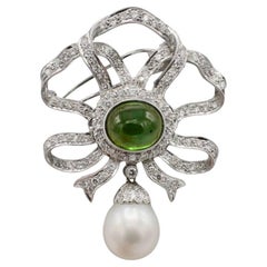 GIA-zertifizierte Südsee-Zuchtperle & Turmalin Natürlicher Diamant Brosche Pin